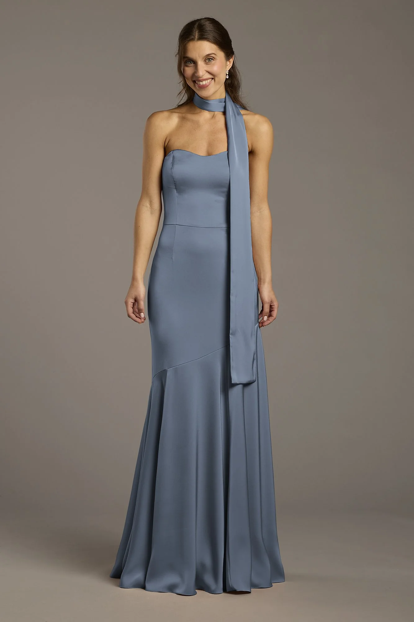 Matte Satin Strapless Sweetheart Dress with Scarf - Image 20