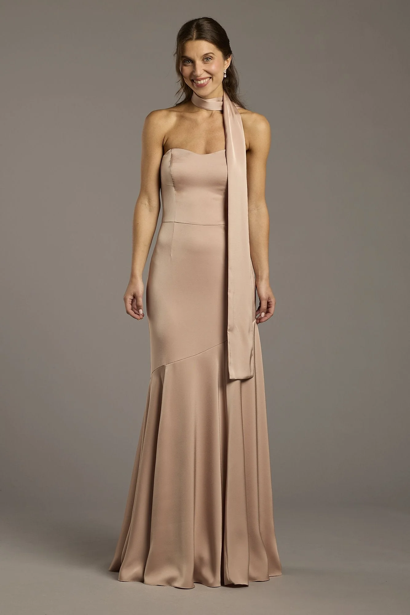 Matte Satin Strapless Sweetheart Dress with Scarf - Image 34