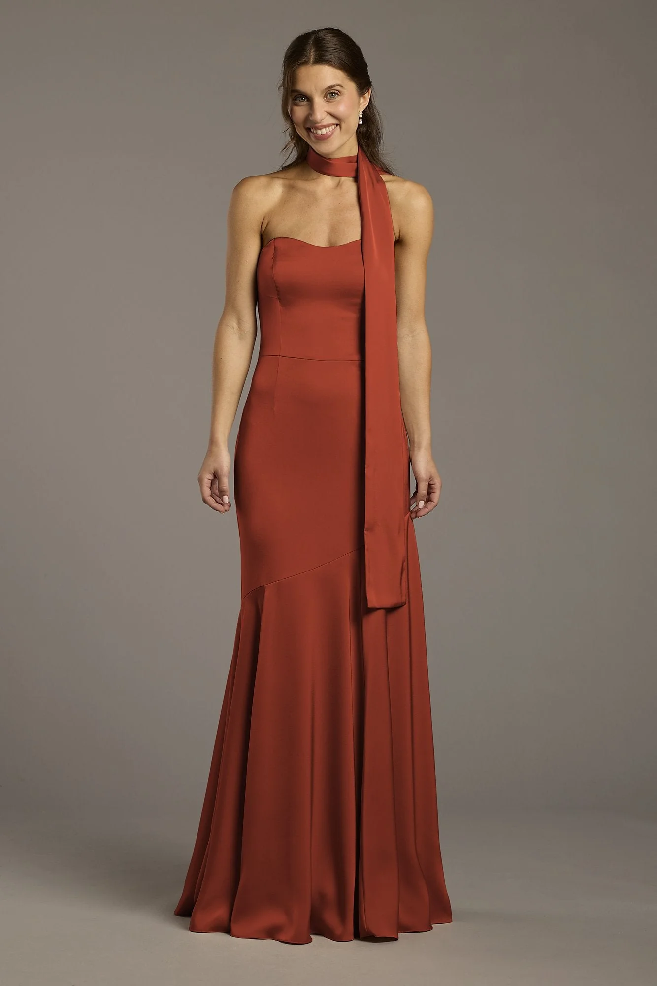 Matte Satin Strapless Sweetheart Dress with Scarf - Image 54