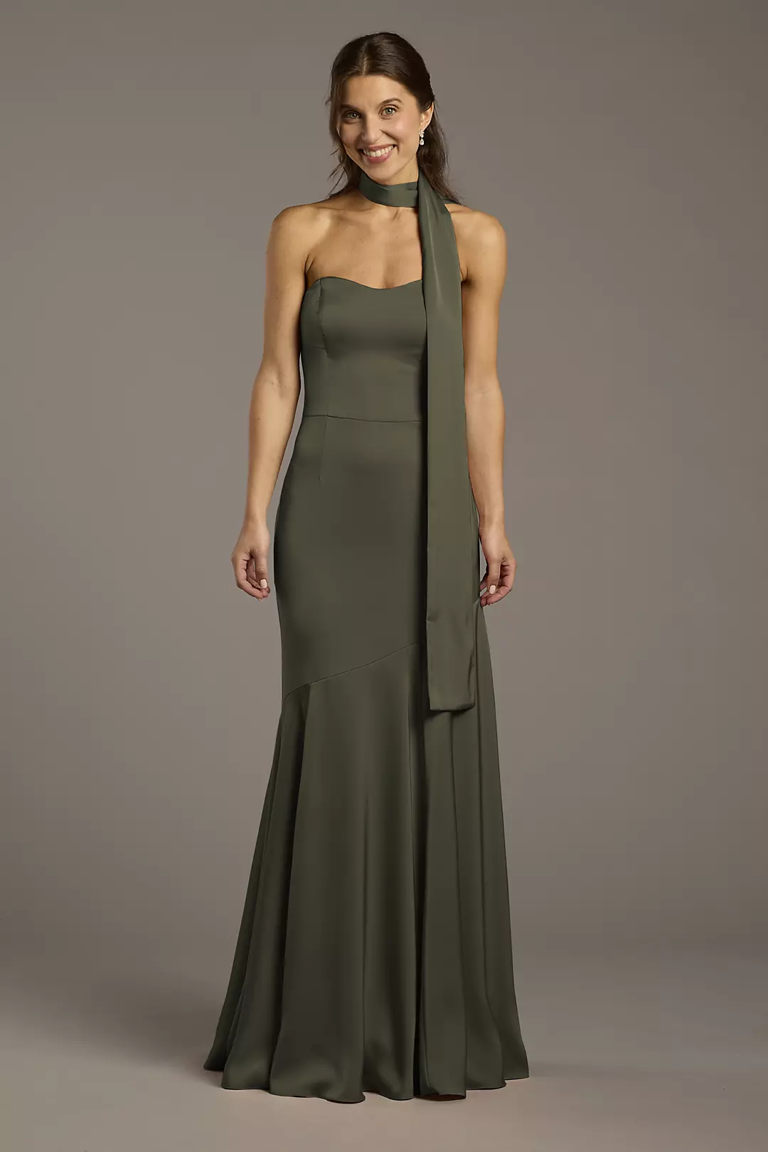 Matte Satin Strapless Sweetheart Dress with Scarf - Image 58