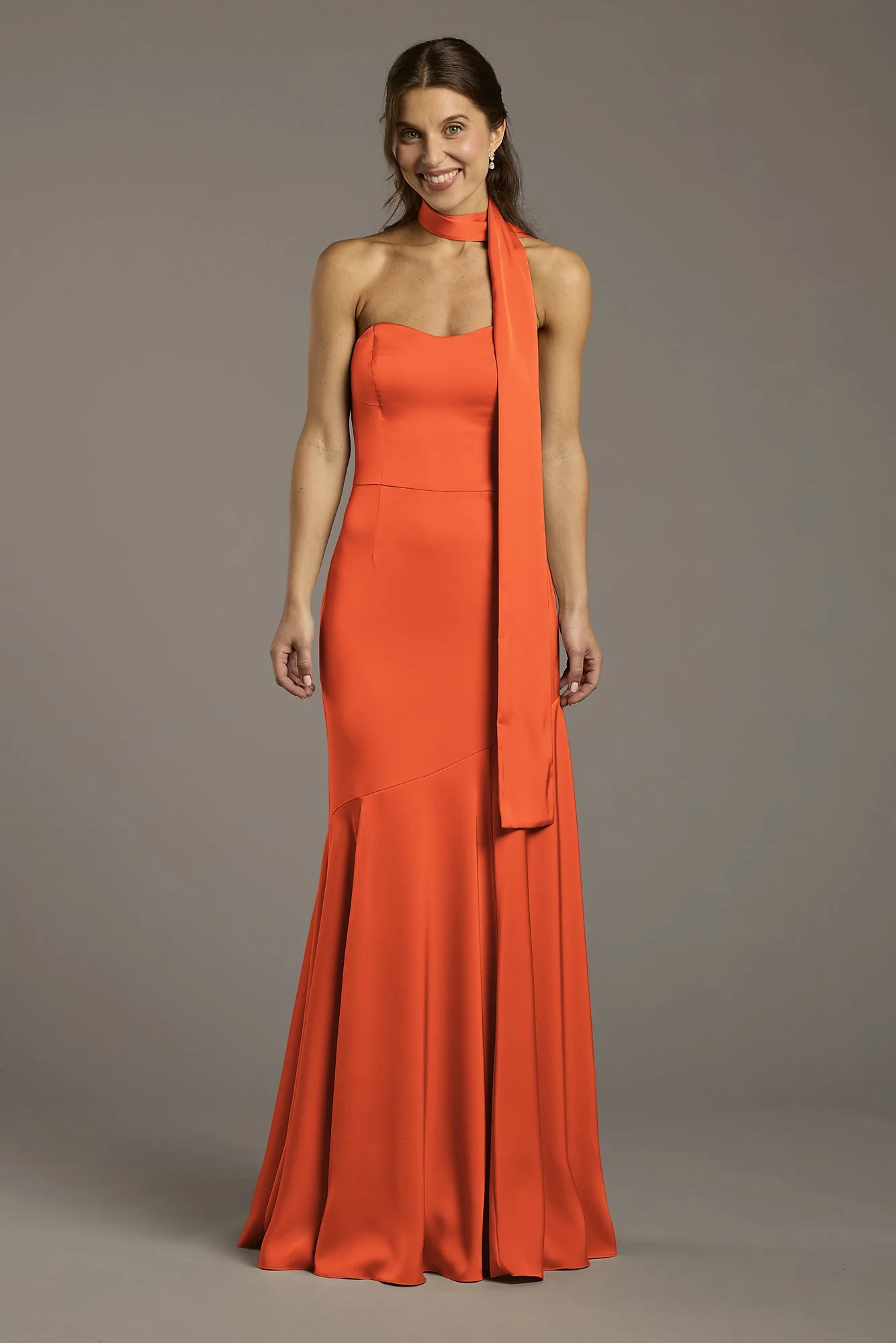 Matte Satin Strapless Sweetheart Dress with Scarf - Image 6