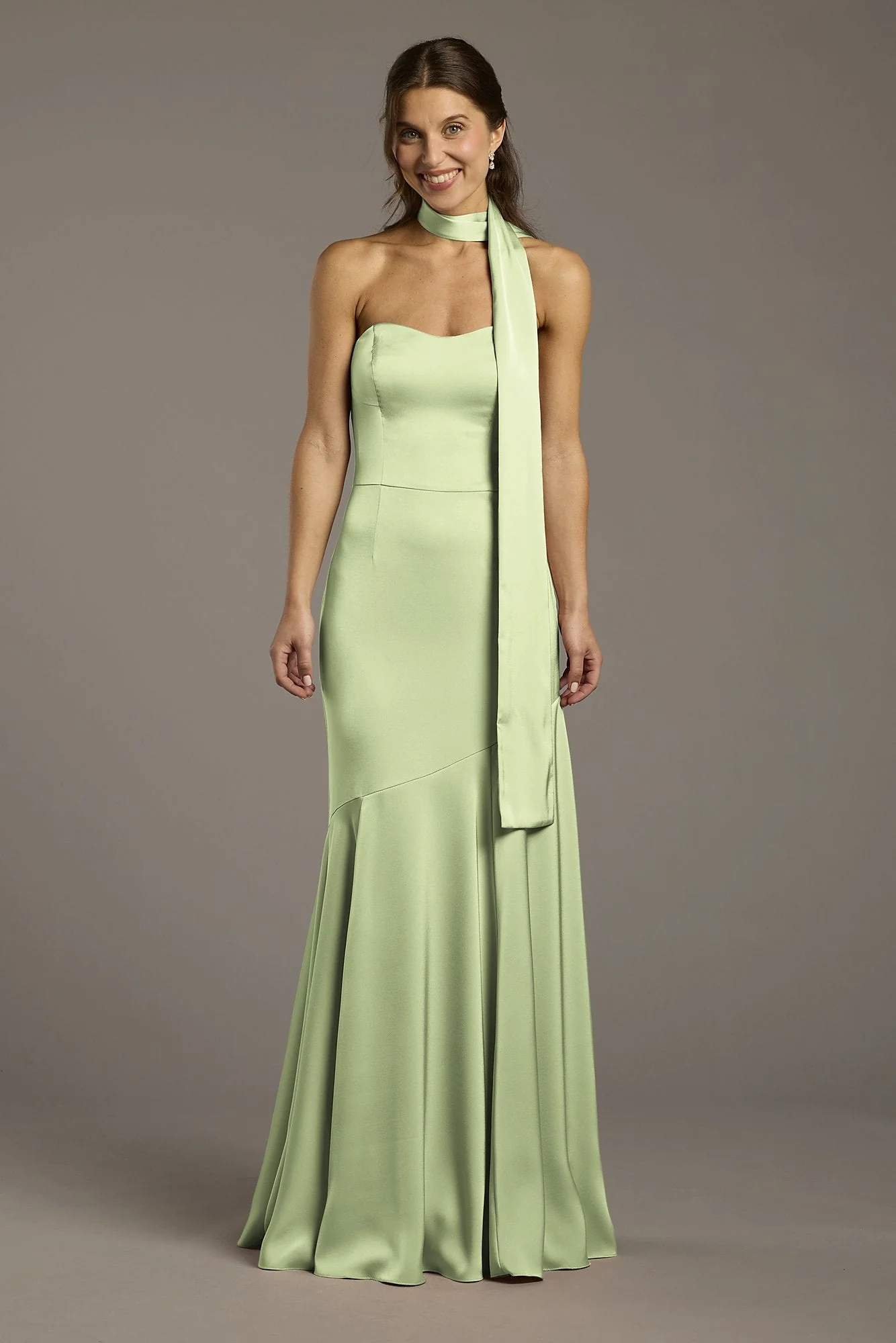 Matte Satin Strapless Sweetheart Dress with Scarf - Image 62