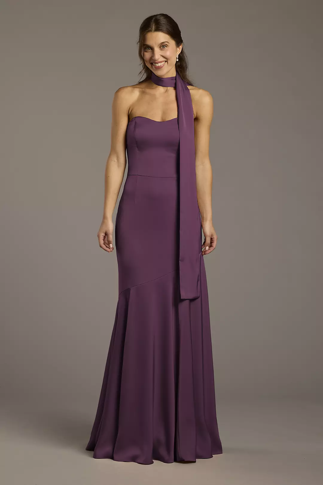 Matte Satin Strapless Sweetheart Dress with Scarf - Image 76