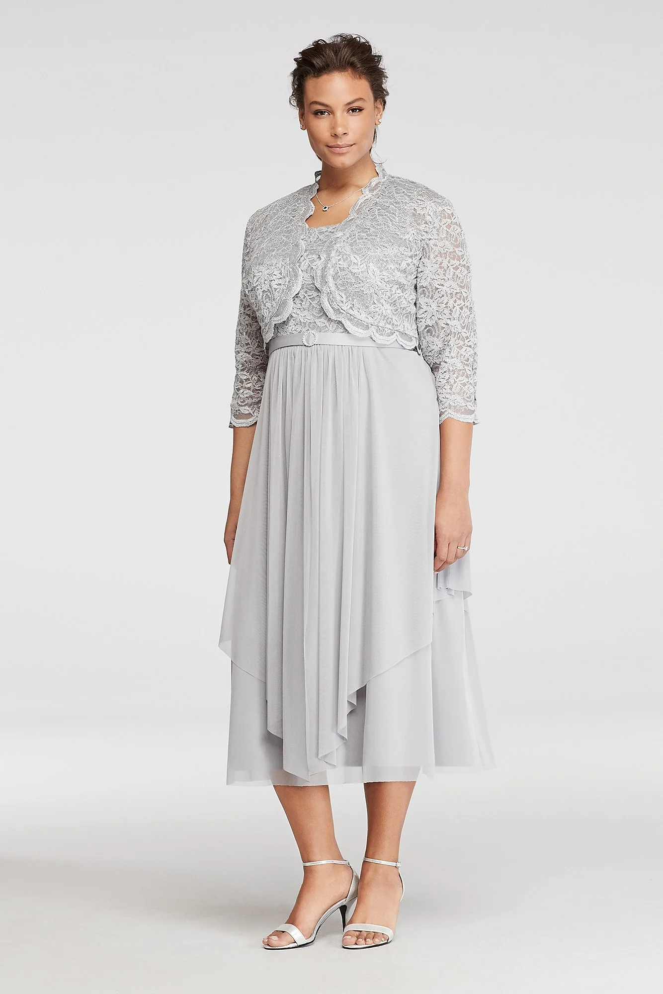 Mesh Belted Dress with 3/4 Sleeved Lace Jacket