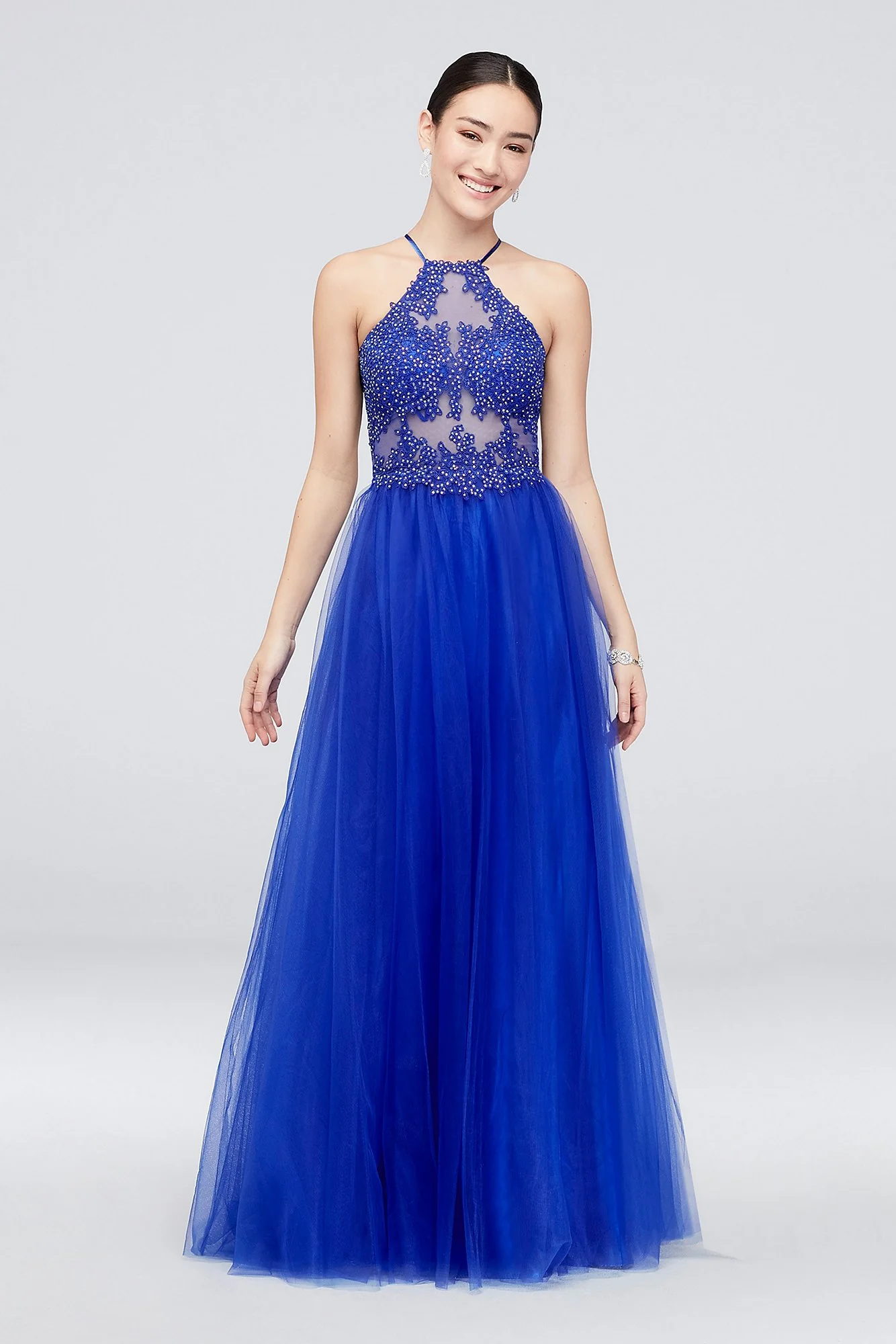Mesh Illusion Halter Ball Gown with Flowy Skirt