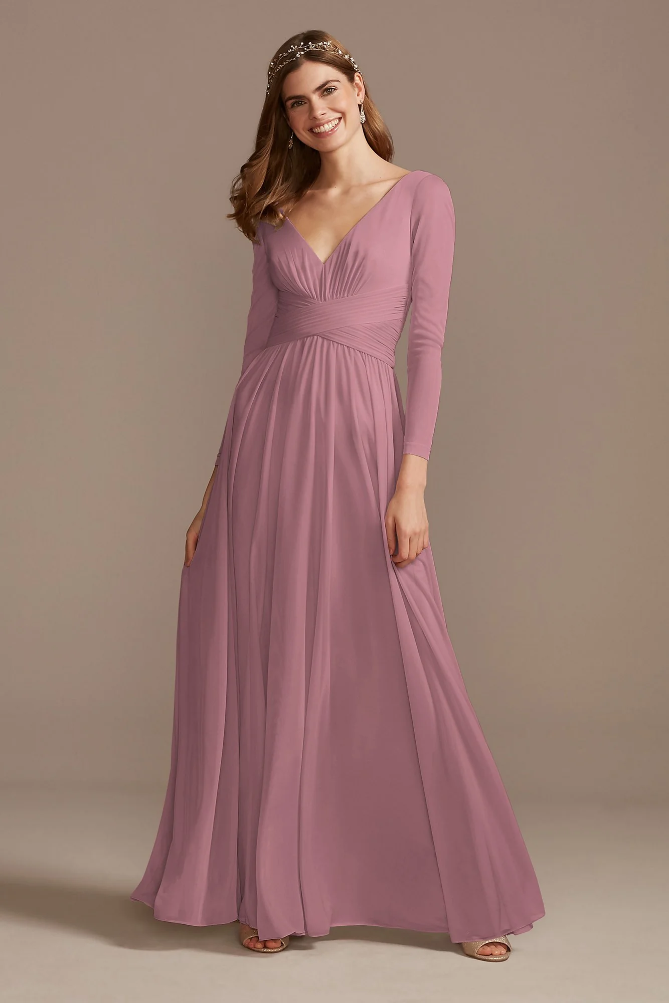 Mesh Illusion Long Sleeve Bridesmaid Dress - Image 43