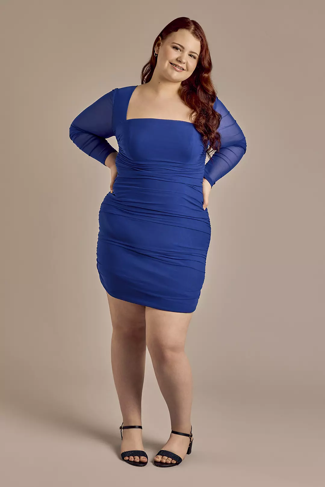 Mesh Long Sleeve Ruched Short Dress - Image 2