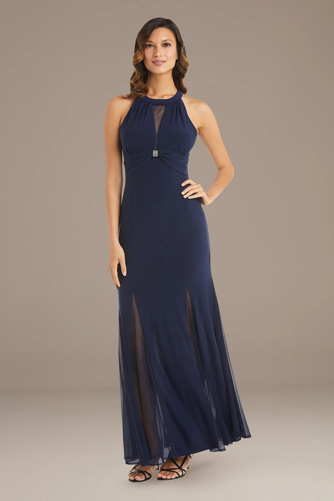 Mesh Overlay Halter Gown with Open Back - Image 2