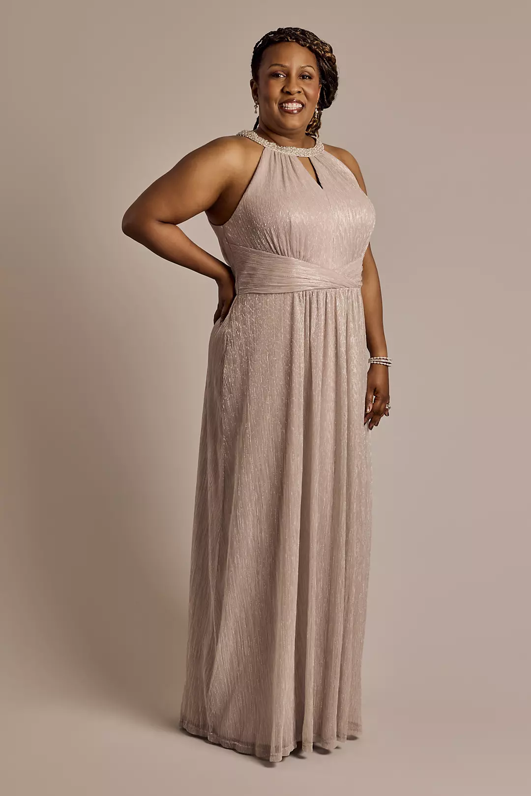 Metallic A-Line Dress with Jeweled Neckline - Image 11