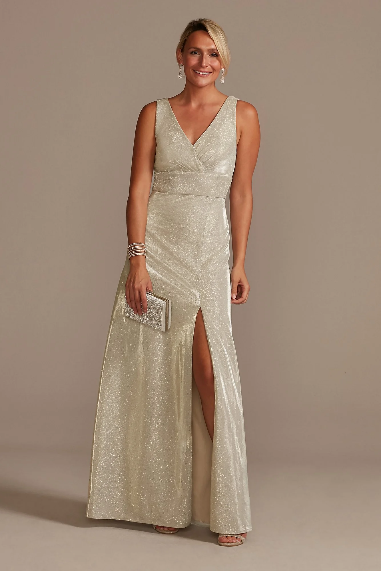Metallic A-Line Tank Gown with Slit Skirt