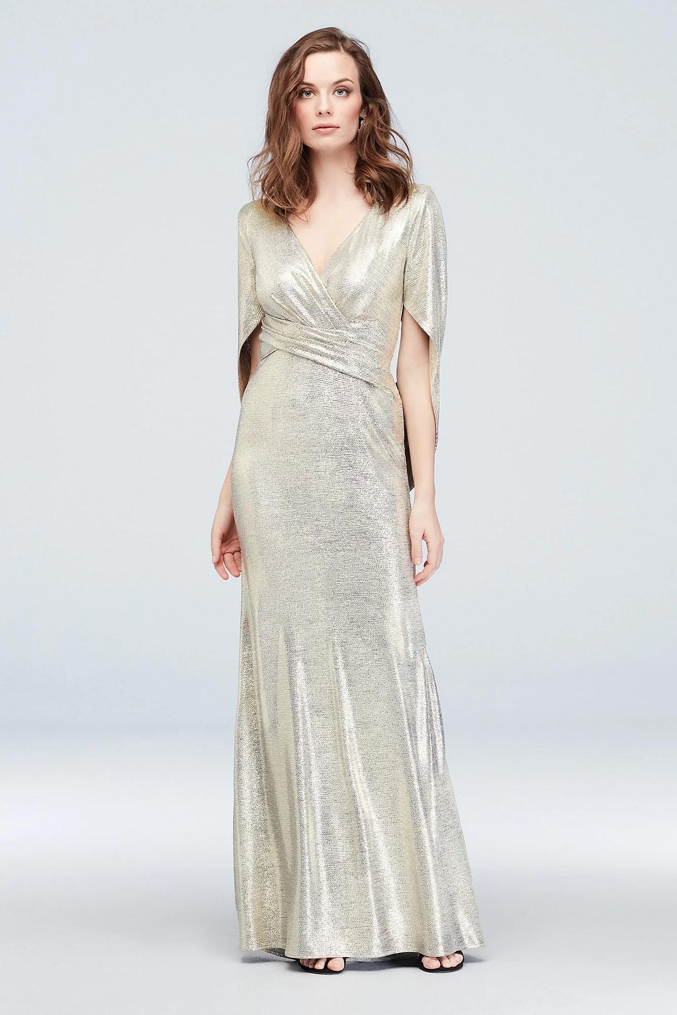 Metallic Accent Drape Sleeve Stretch Wrap Sheath