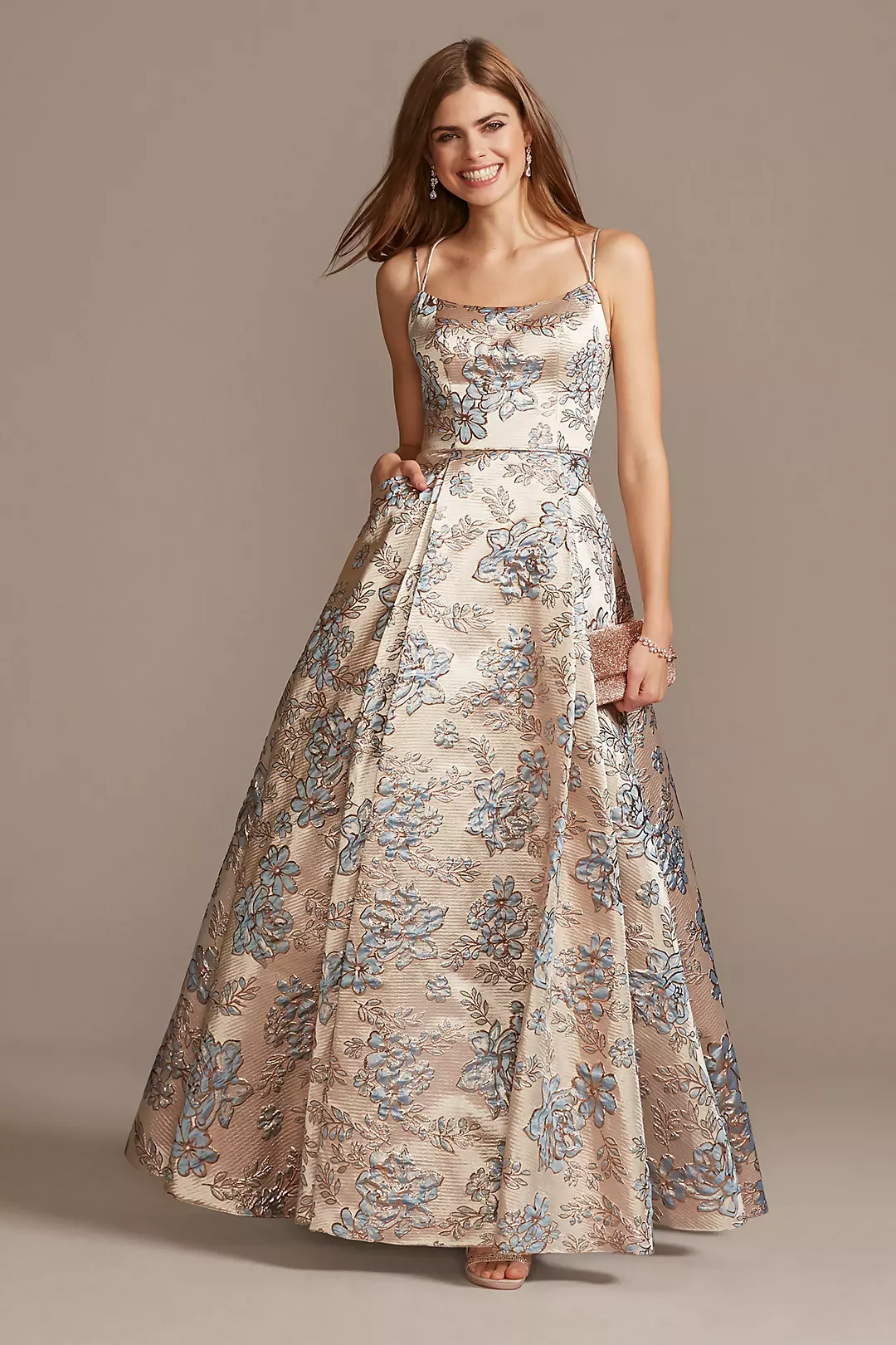 Metallic Brocade Double Spaghetti Strap Ball Gown