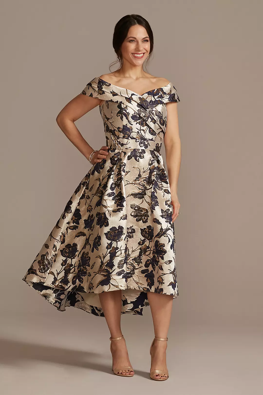 Metallic Brocade Off-the-Shoulder High-Low Gown - Image 7