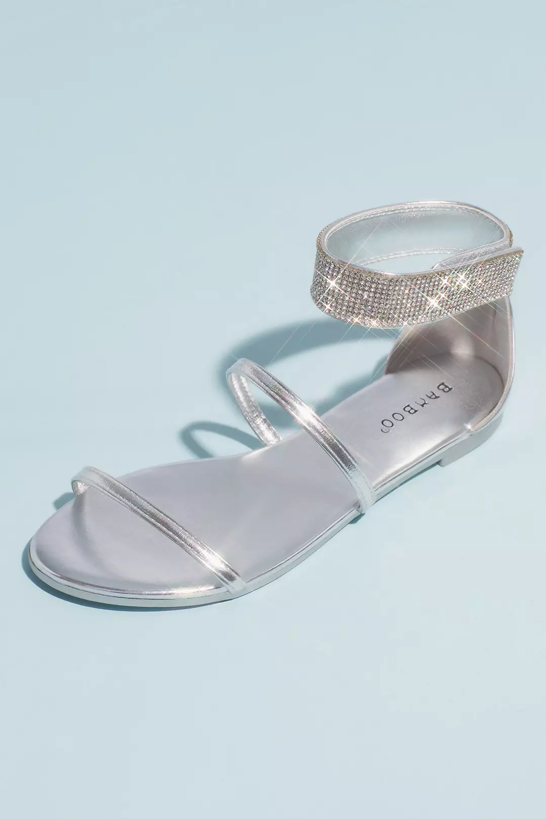 Metallic Double Strap Crystal Ankle Wrap Sandals - Image 2