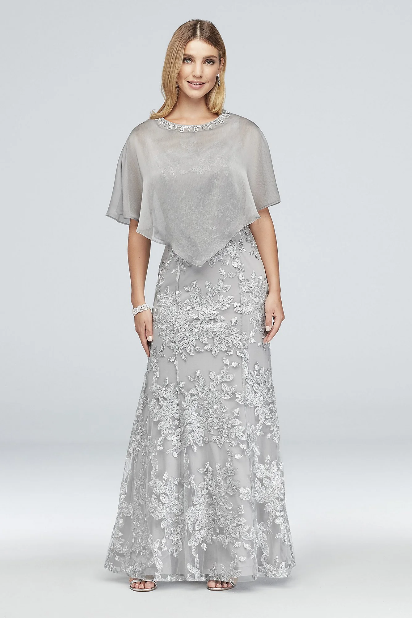 Metallic Embroidered Floral Mermaid Dress and Cape