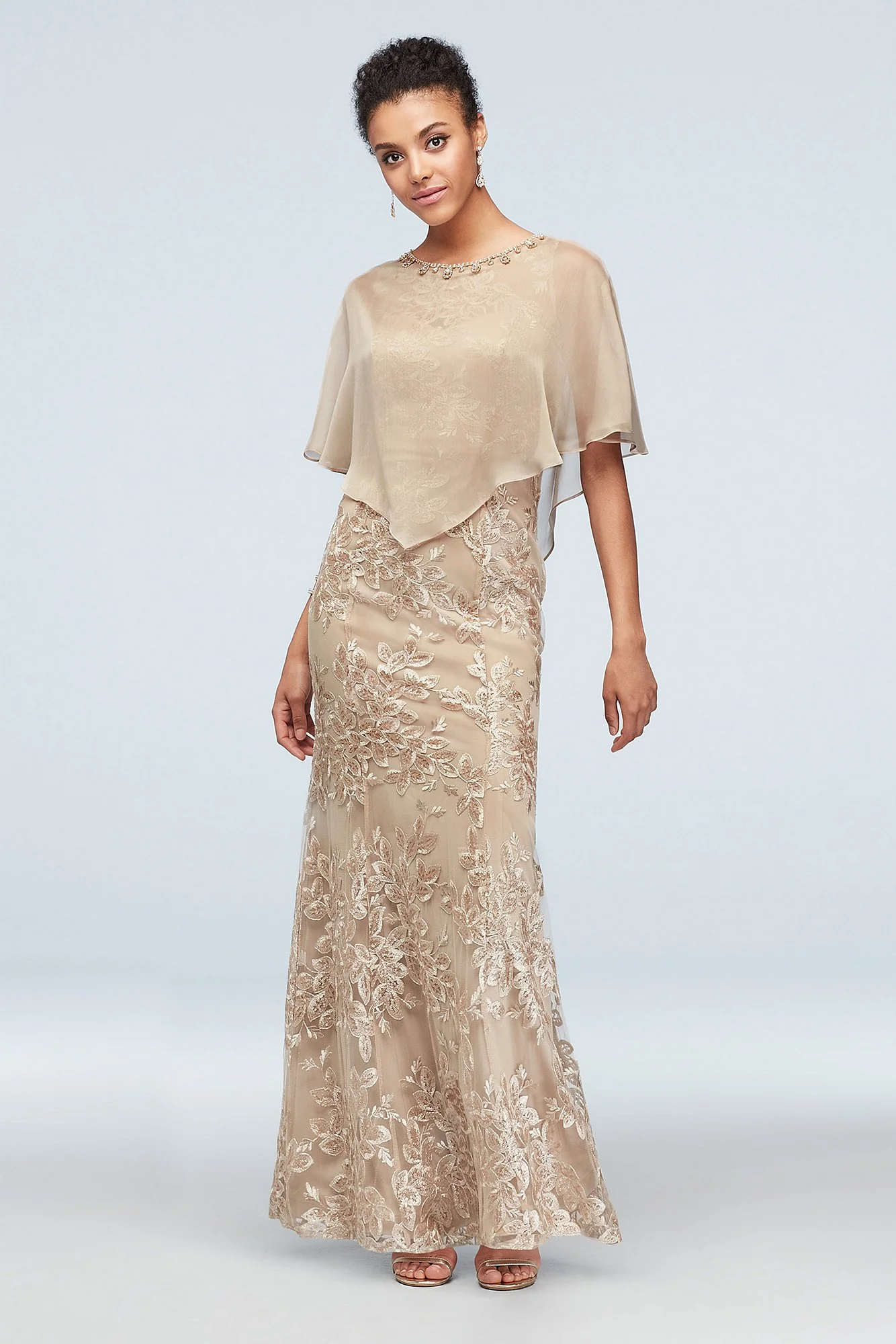 Metallic Embroidered Floral Mermaid Dress and Cape - Image 3