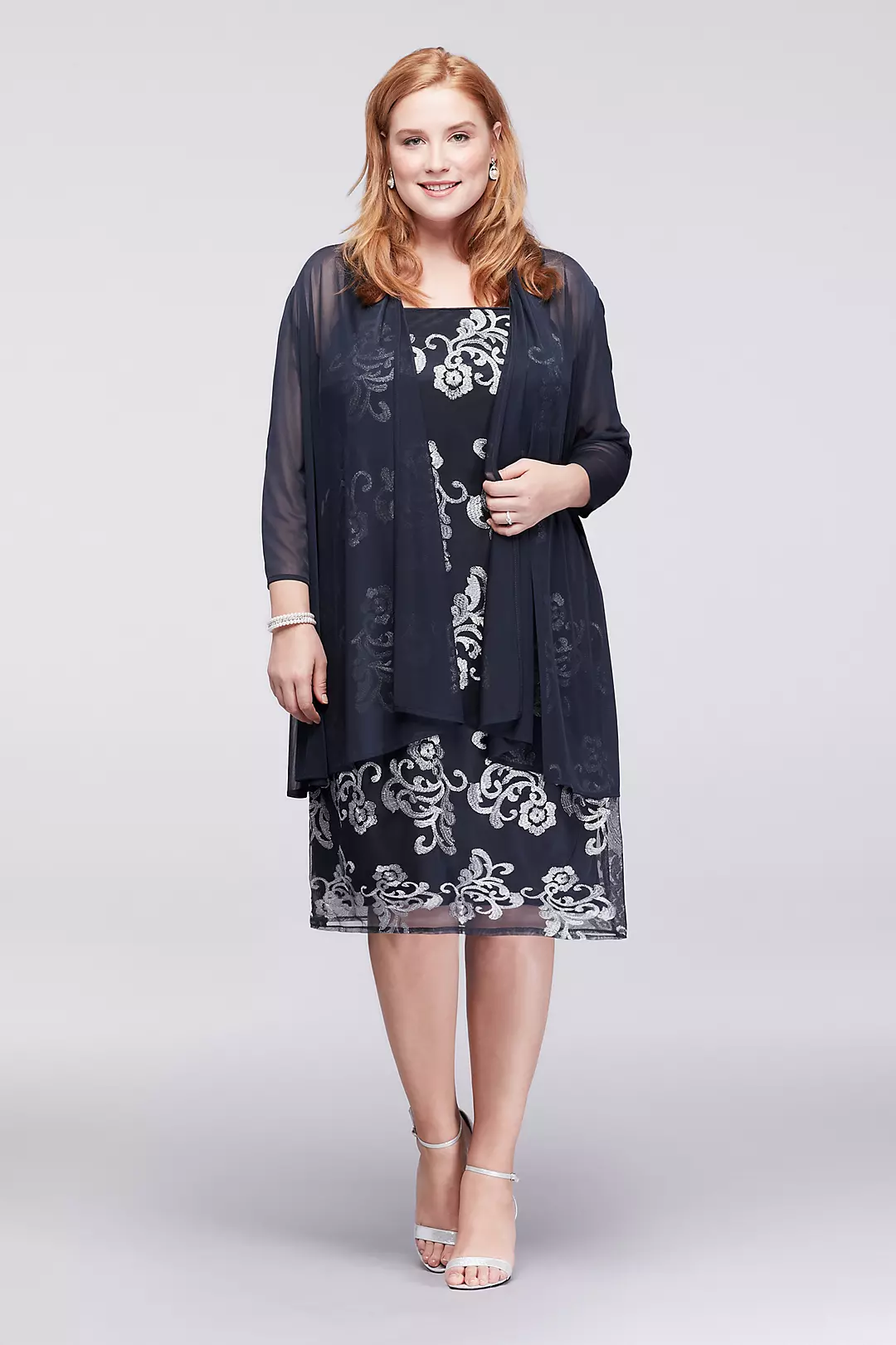 Metallic-Embroidered Shift Dress with Sheer Jacket - Image 6