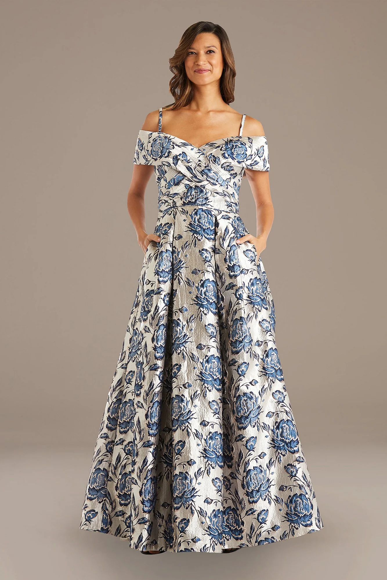 Metallic Floral Brocade Ball Gown with Pockets - Image 2