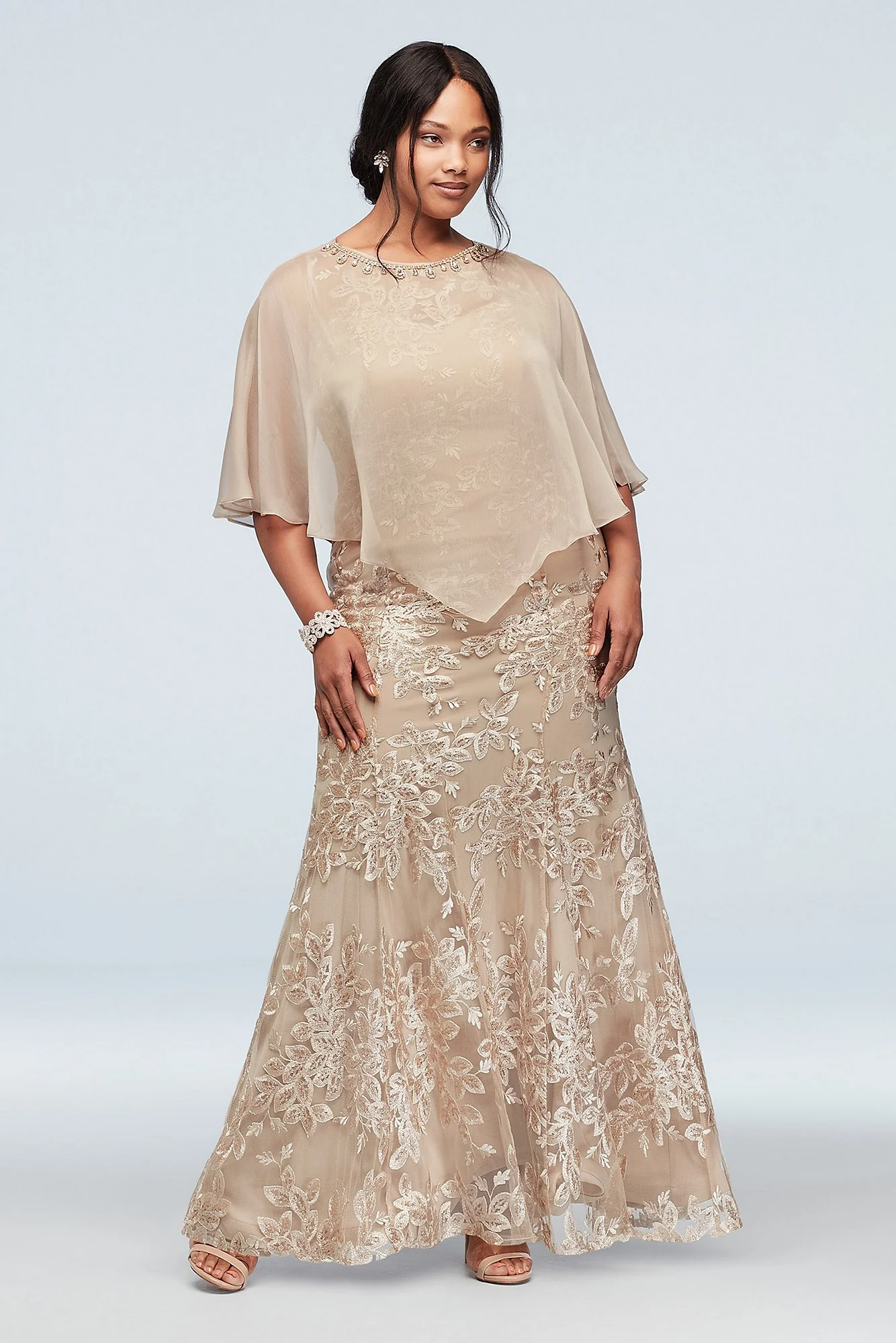 Metallic Floral Plus Size Dress and Cape Set