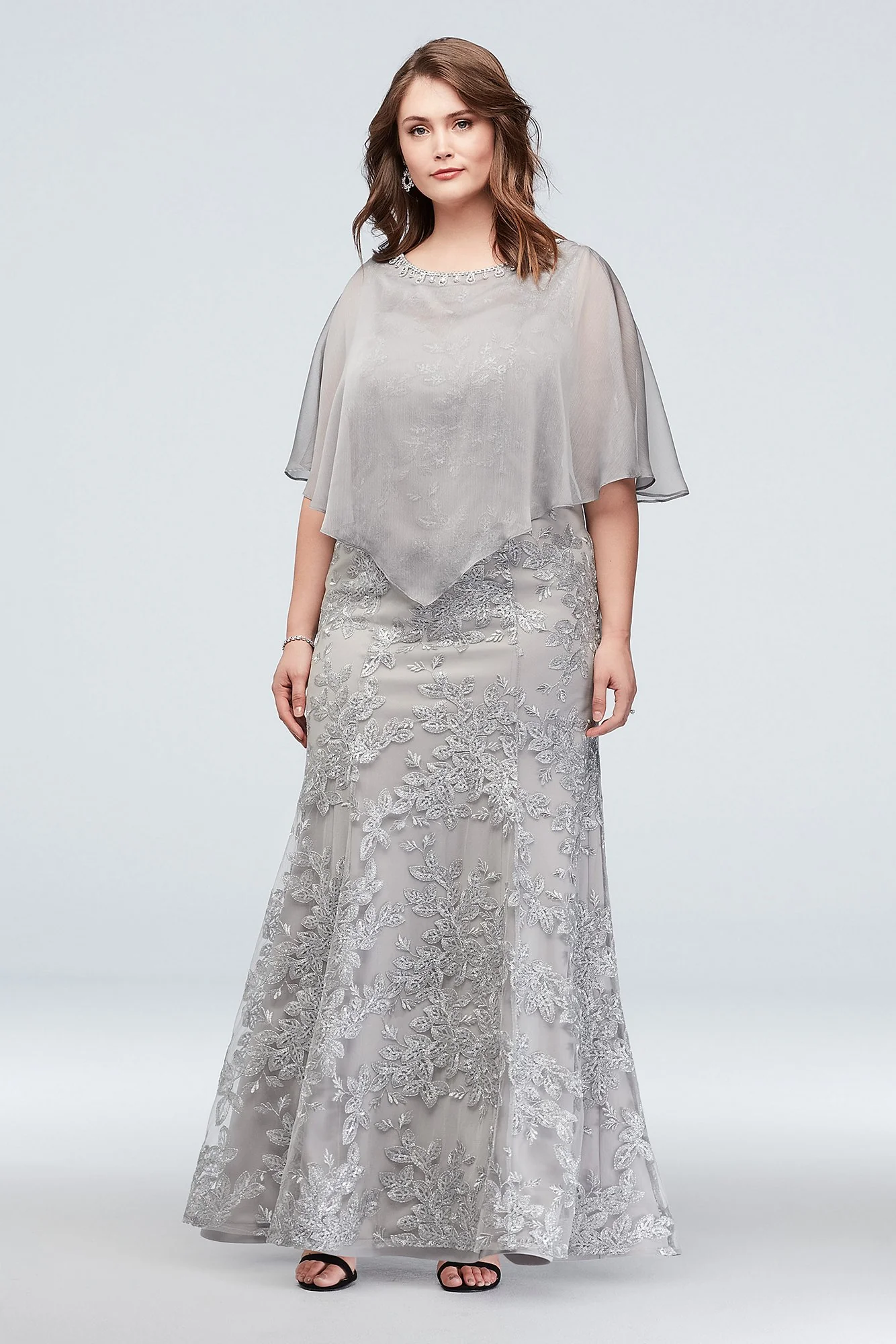 Metallic Floral Plus Size Dress and Cape Set - Image 3