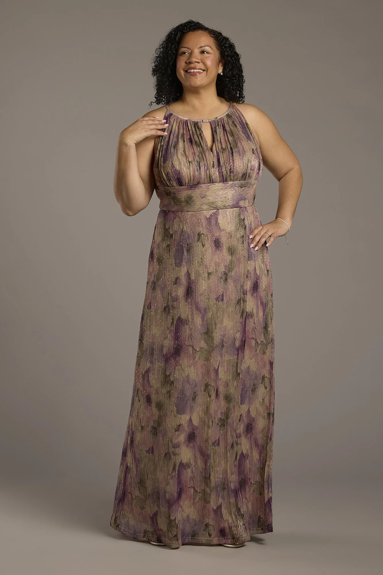 Metallic Floral Print Keyhole A-Line Dress