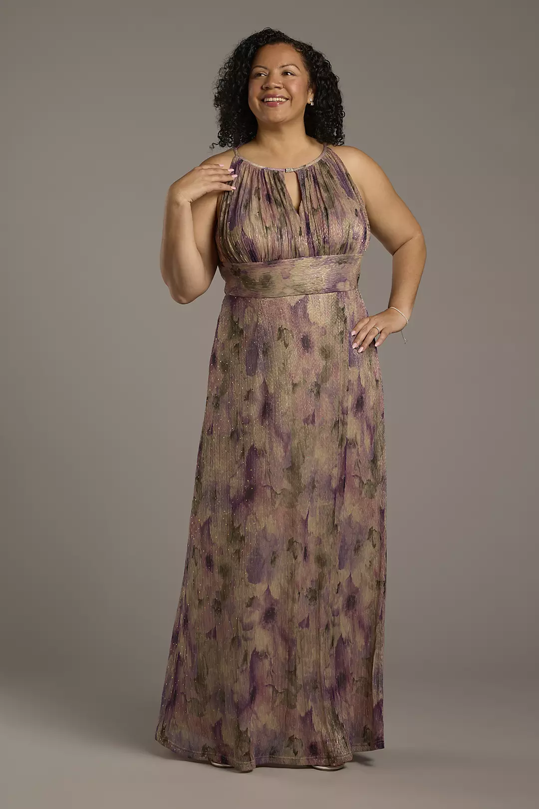 Metallic Floral Print Keyhole A-Line Dress - Image 2
