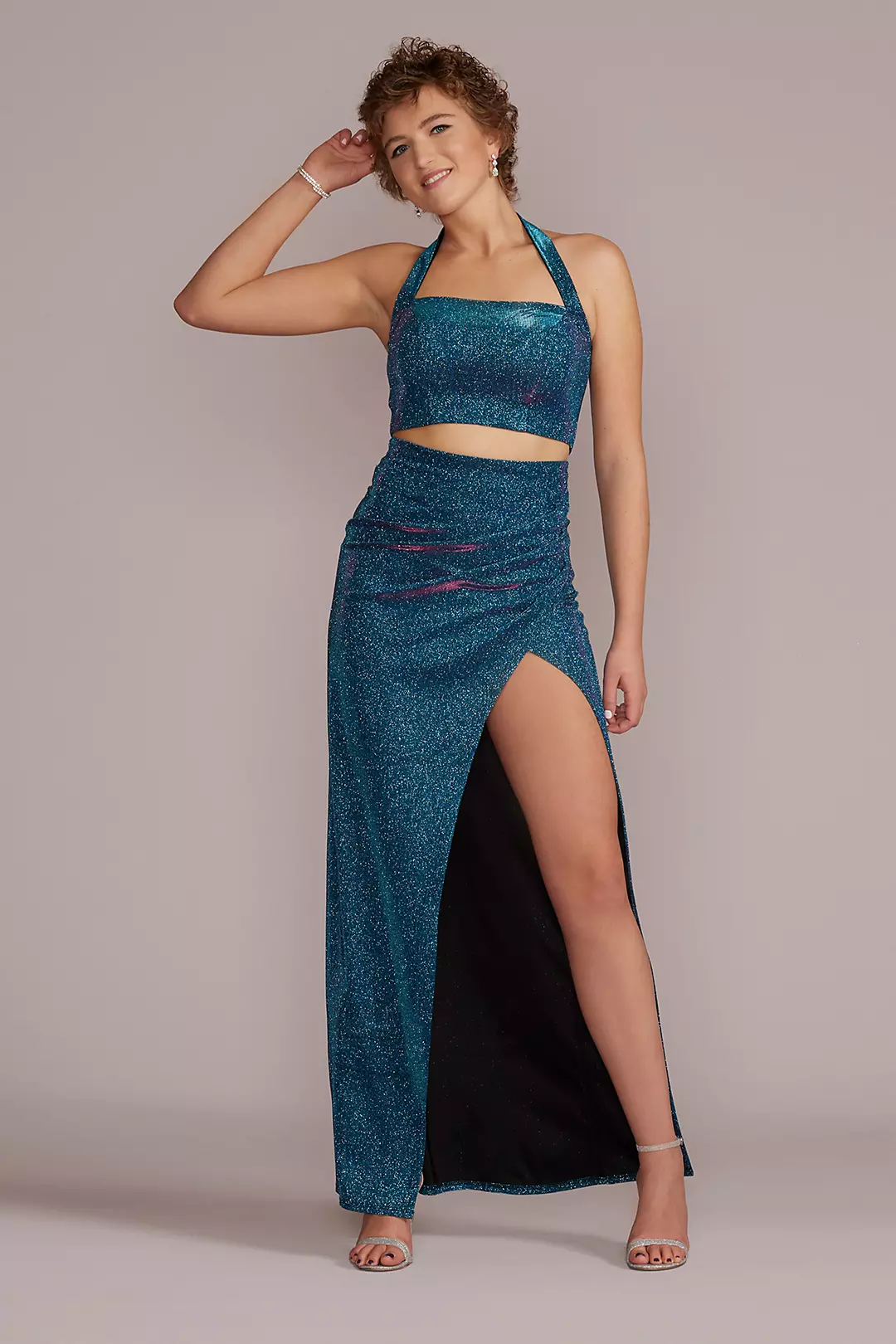 Metallic Glitter Two-Piece Set with Slit Skirt - Image 2