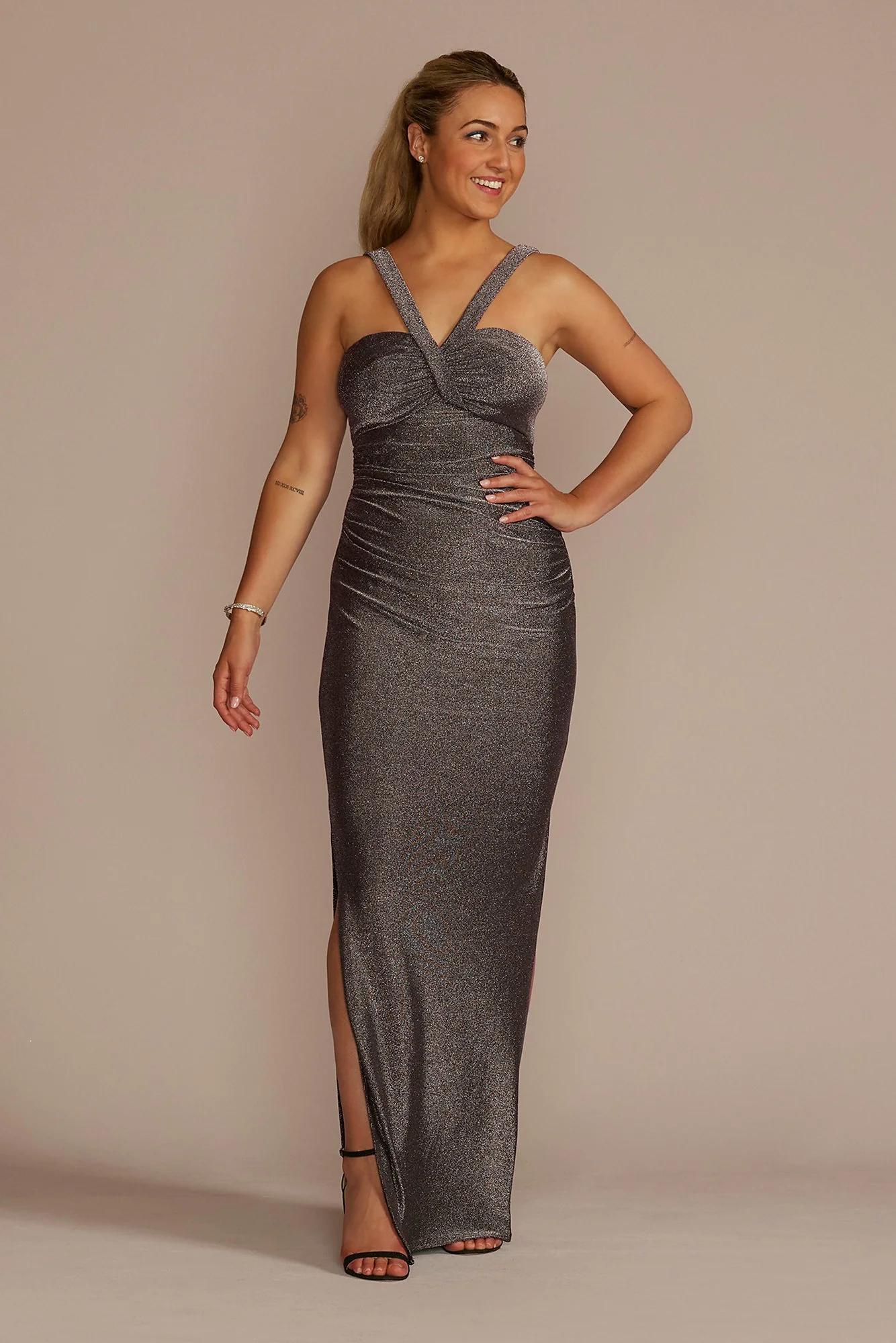 Metallic Halter Sheath Dress with Bodice Cutout