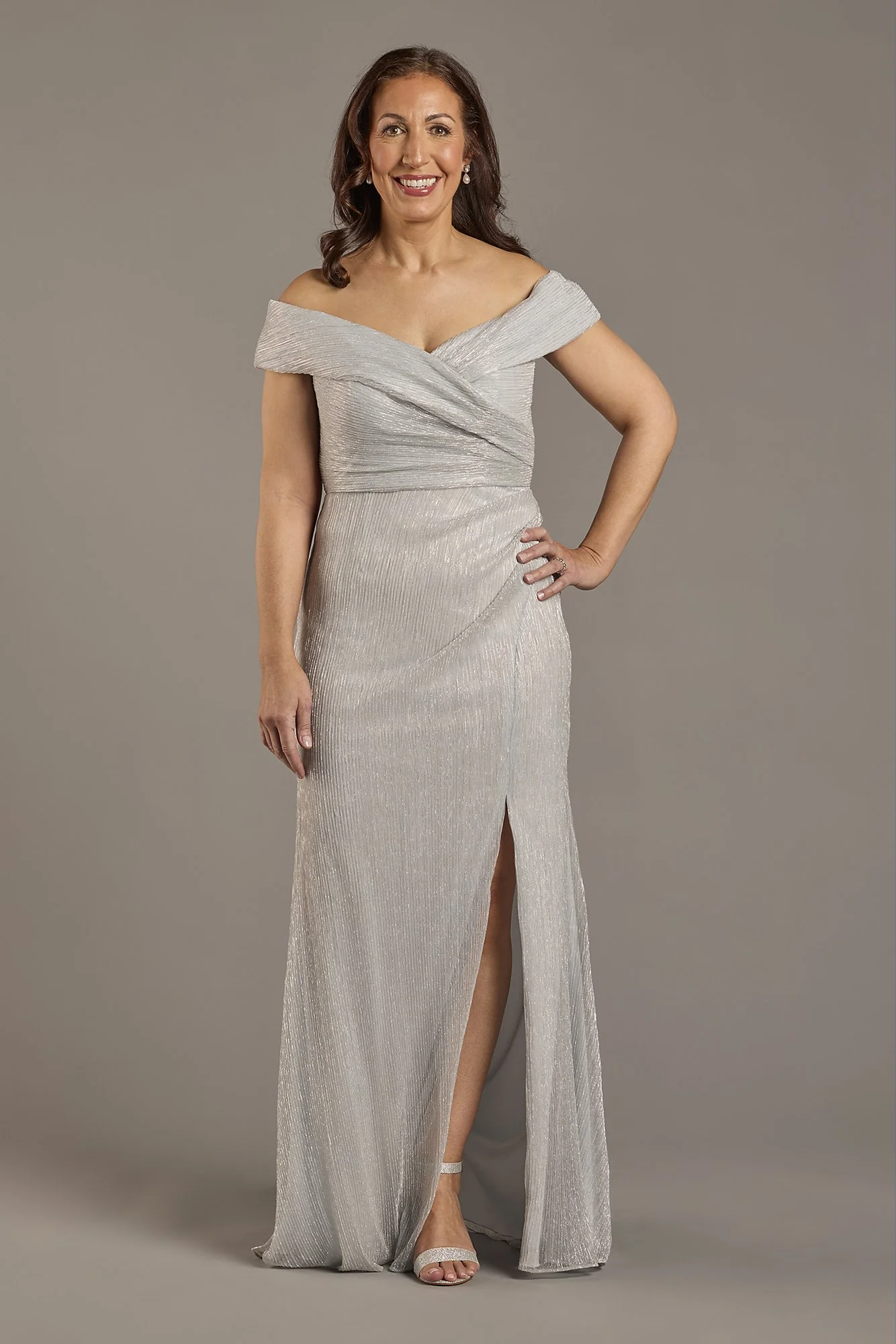 Metallic Knit Off-the-Shoulder Dress with Slit