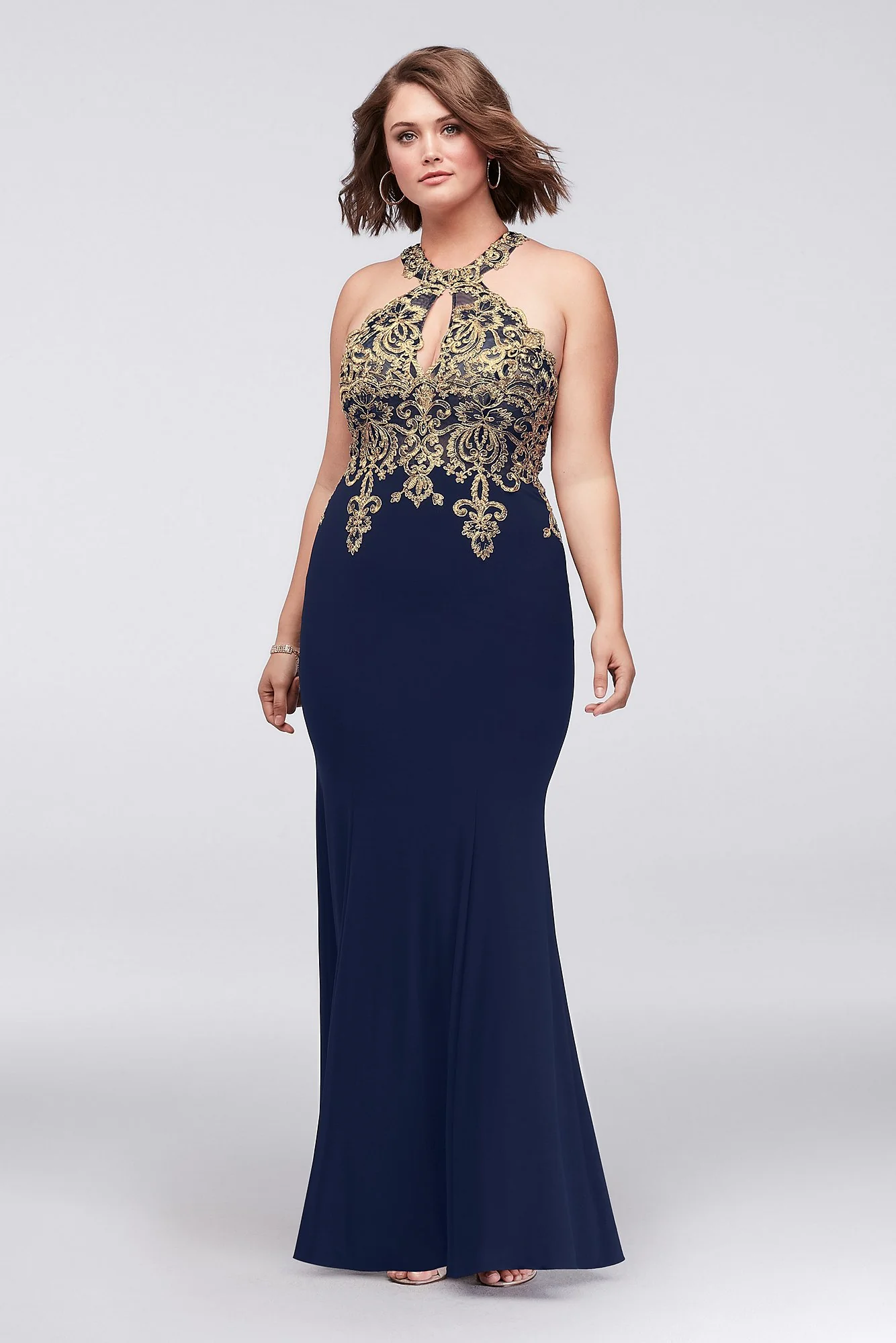 Metallic Lace and Jersey Round Neck Halter Gown - Image 3