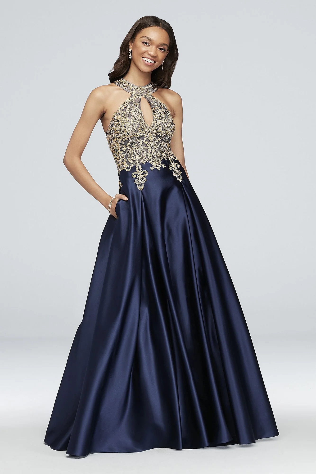 Metallic Lace and Satin Round Neck Ball Gown