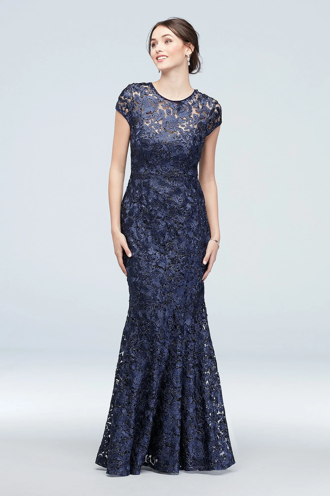 Metallic Lace Illusion Cap Sleeve Mermaid Gown