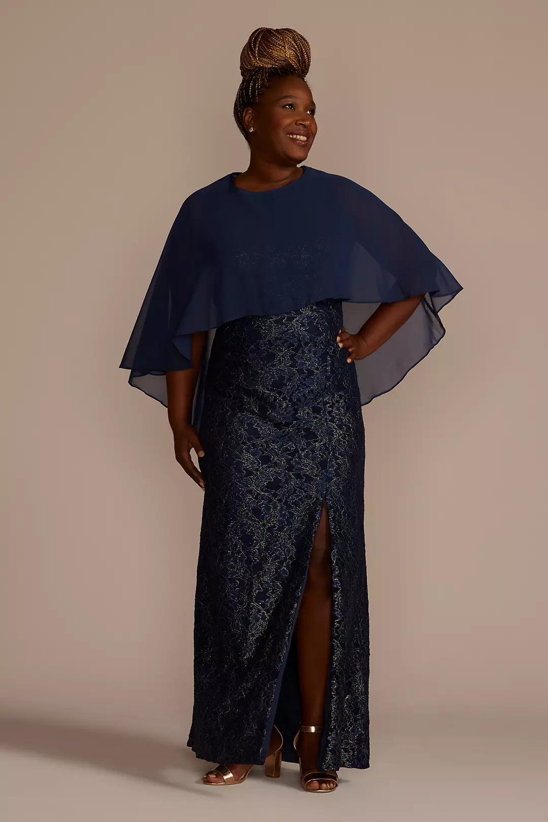 Metallic Lace Sheath Dress with Chiffon Cape - Image 2