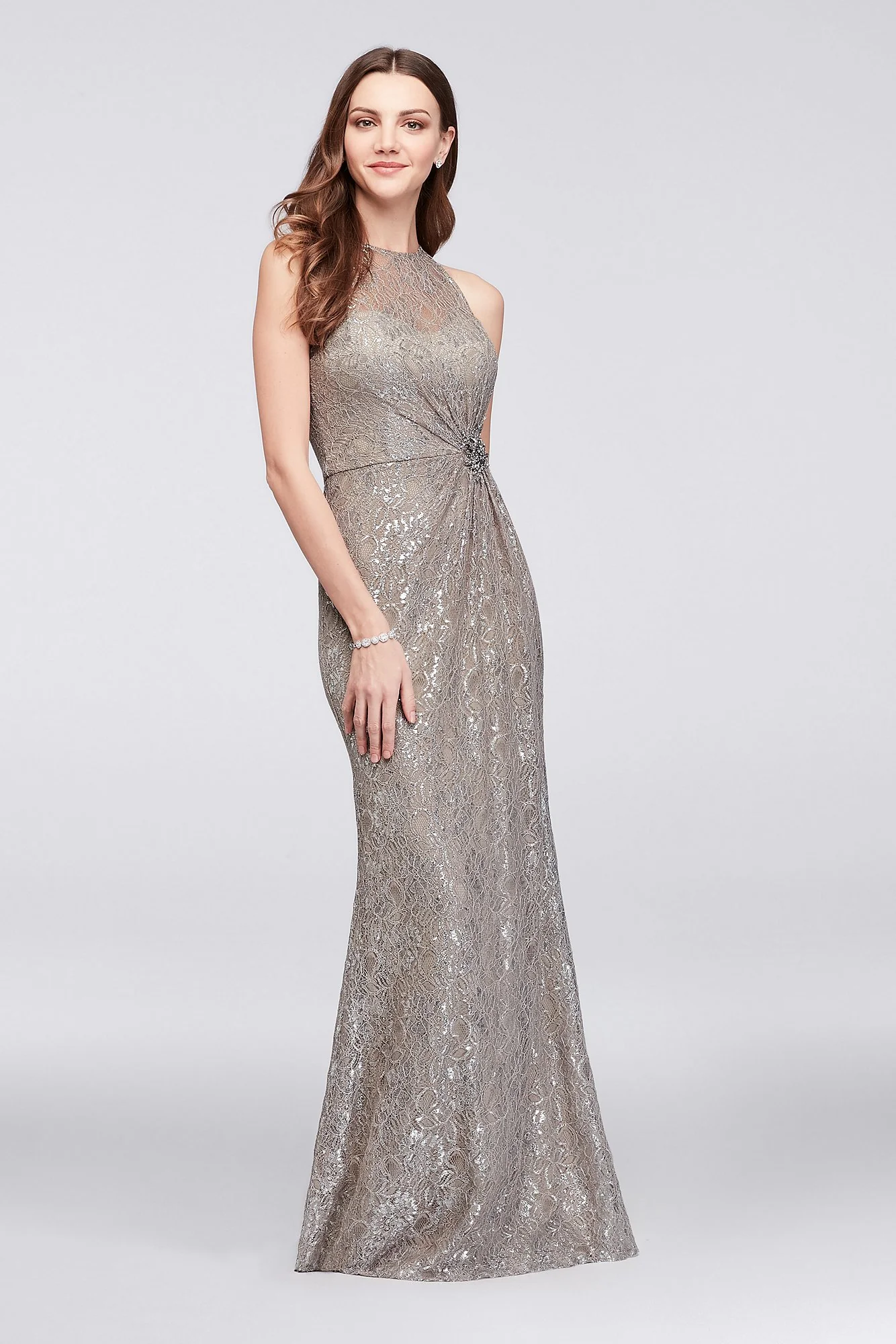Metallic Lace Soft Sheath Dress with Waist Detail