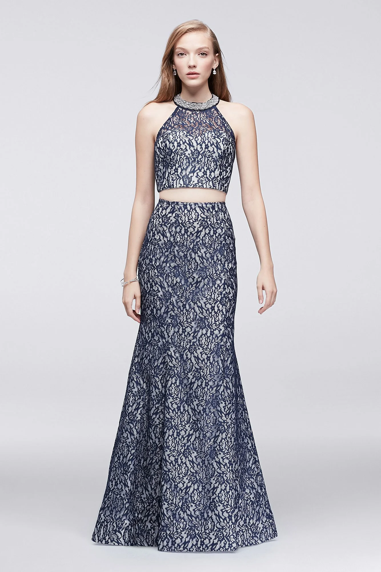 Metallic Lace Two-Piece Dress with Beaded Neckline - Image 2