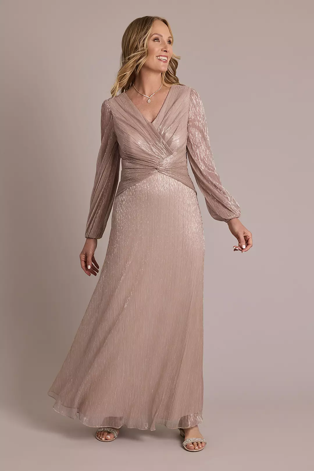 Metallic Long-Sleeve Knotted A-Line Dress - Image 13