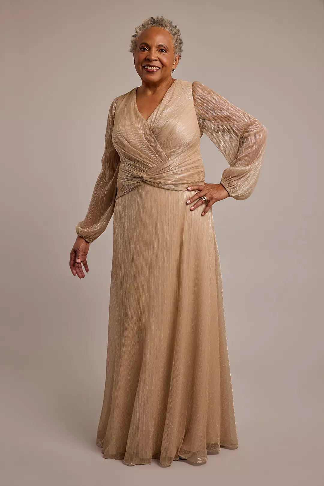 Metallic Long-Sleeve Knotted A-Line Dress - Image 3