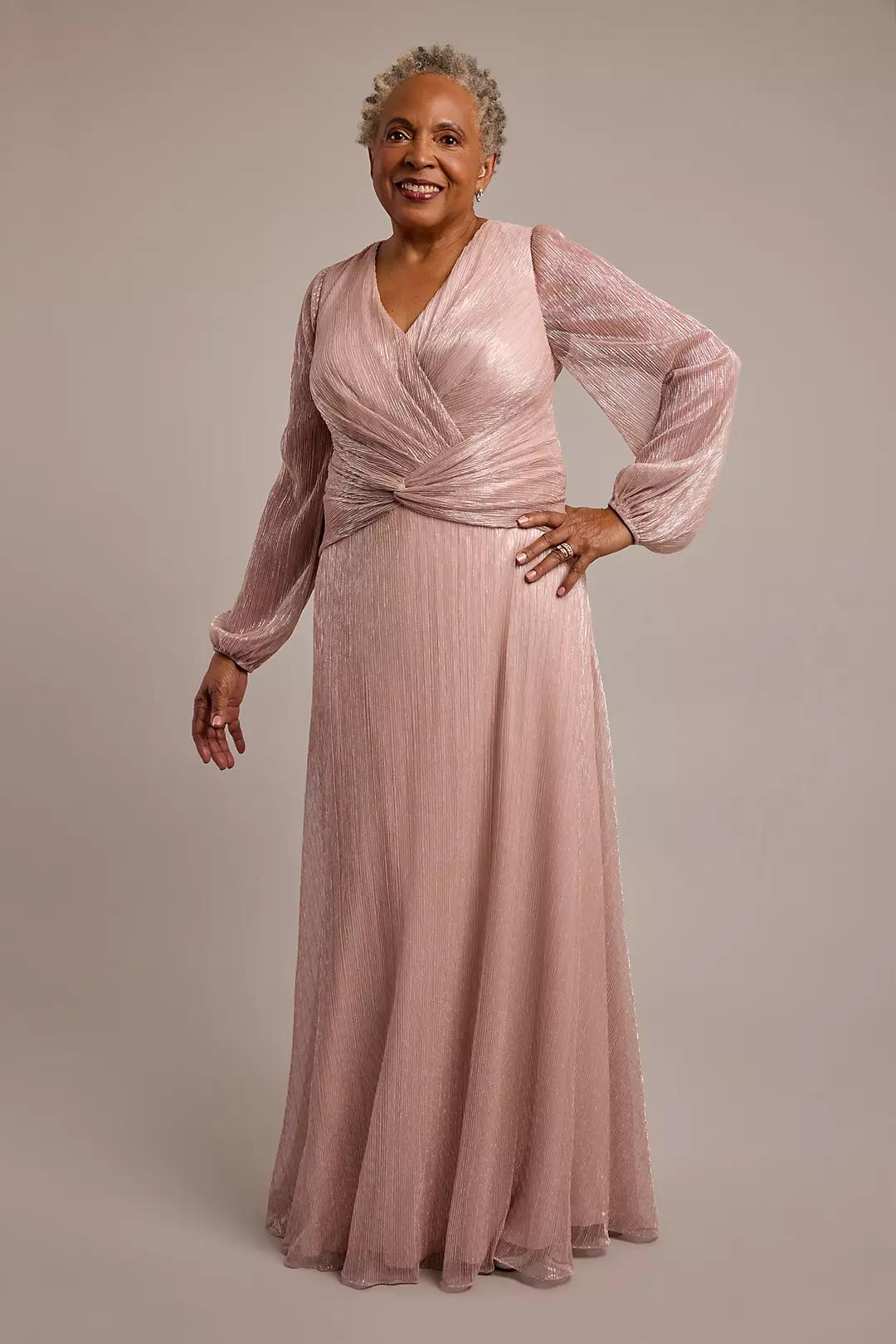 Metallic Long-Sleeve Knotted A-Line Dress - Image 4
