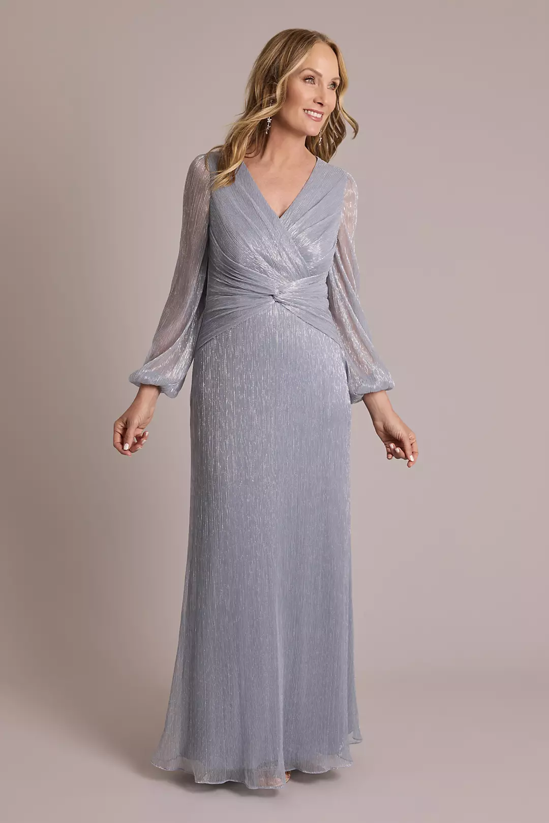 Metallic Long-Sleeve Knotted A-Line Dress - Image 8