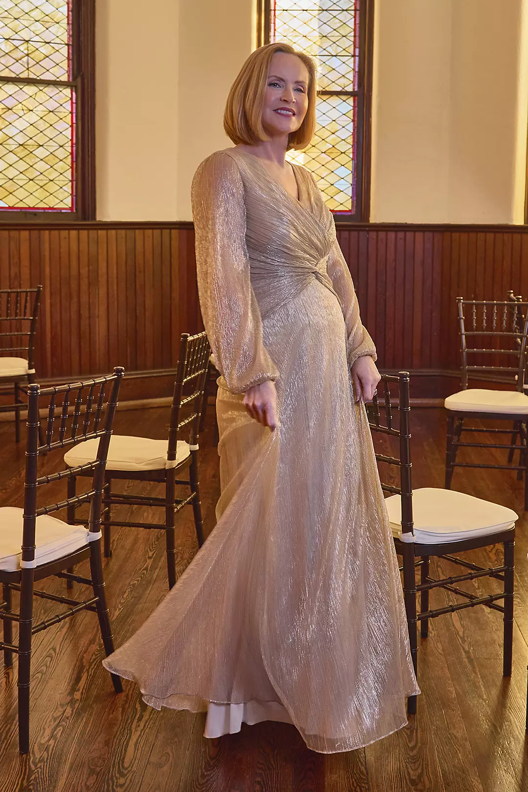 Metallic Long-Sleeve Knotted A-Line Dress - Image 9