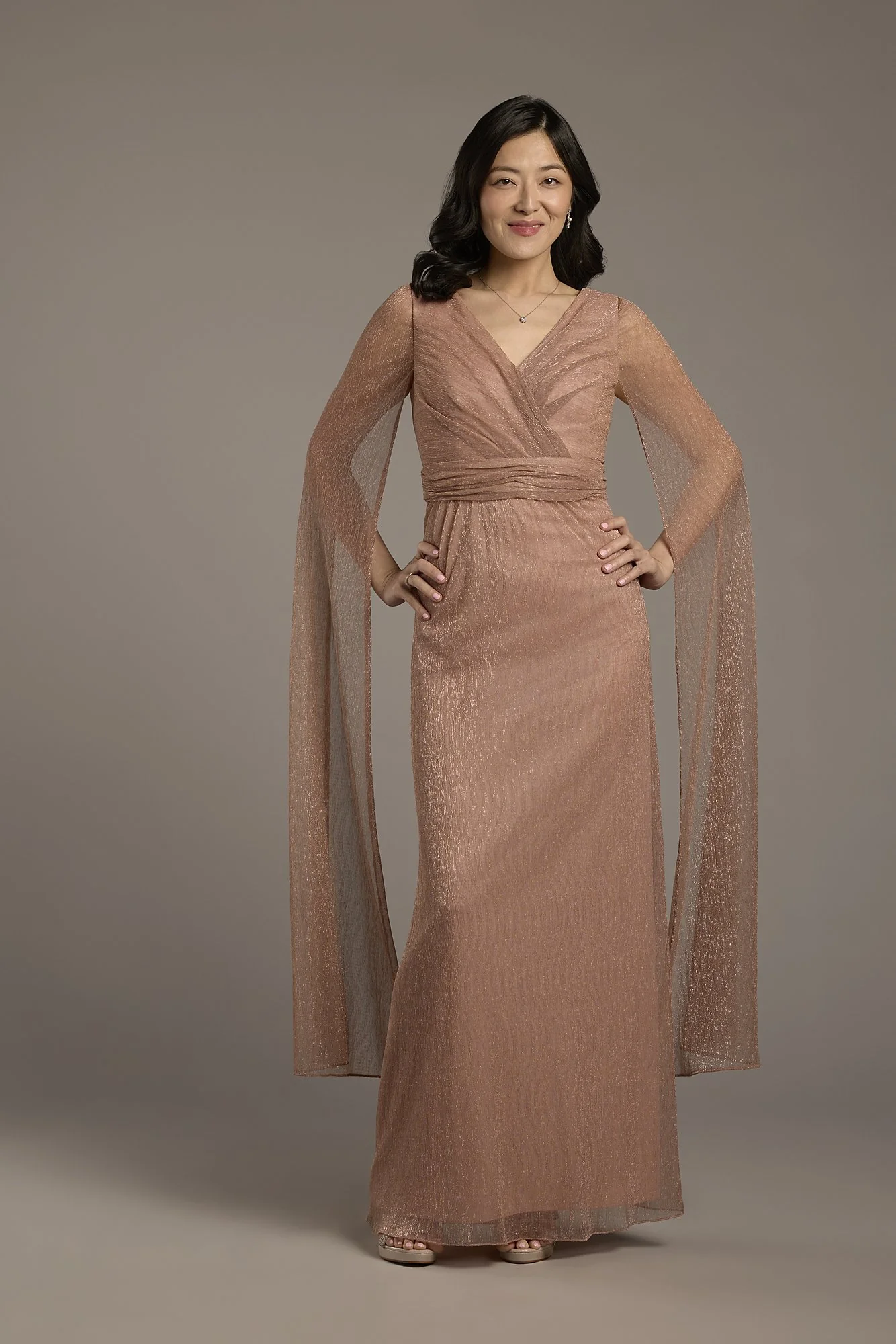 Metallic Long-Sleeve V-Neck A-Line Dress