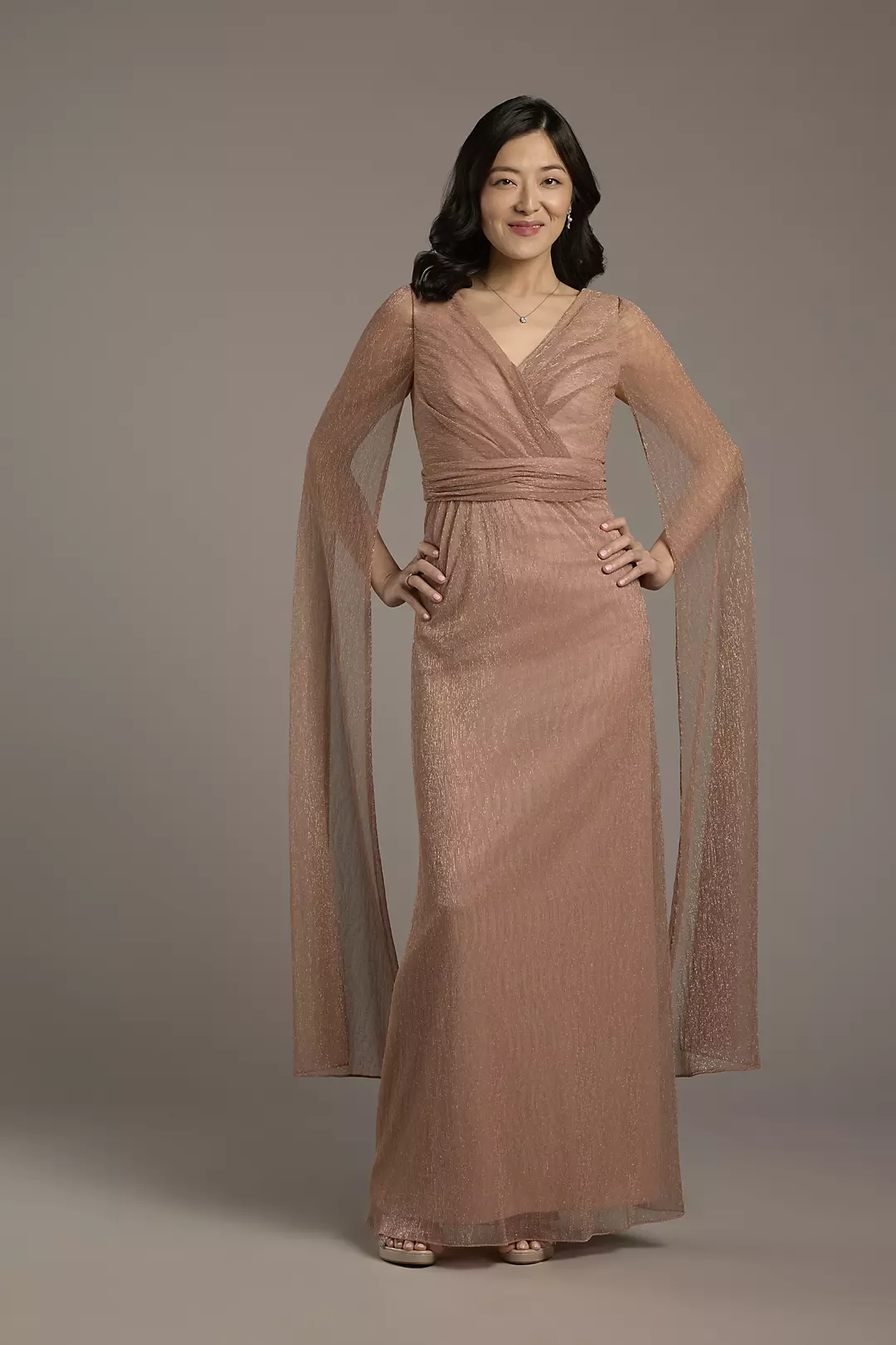 Metallic Long-Sleeve V-Neck A-Line Dress - Image 3