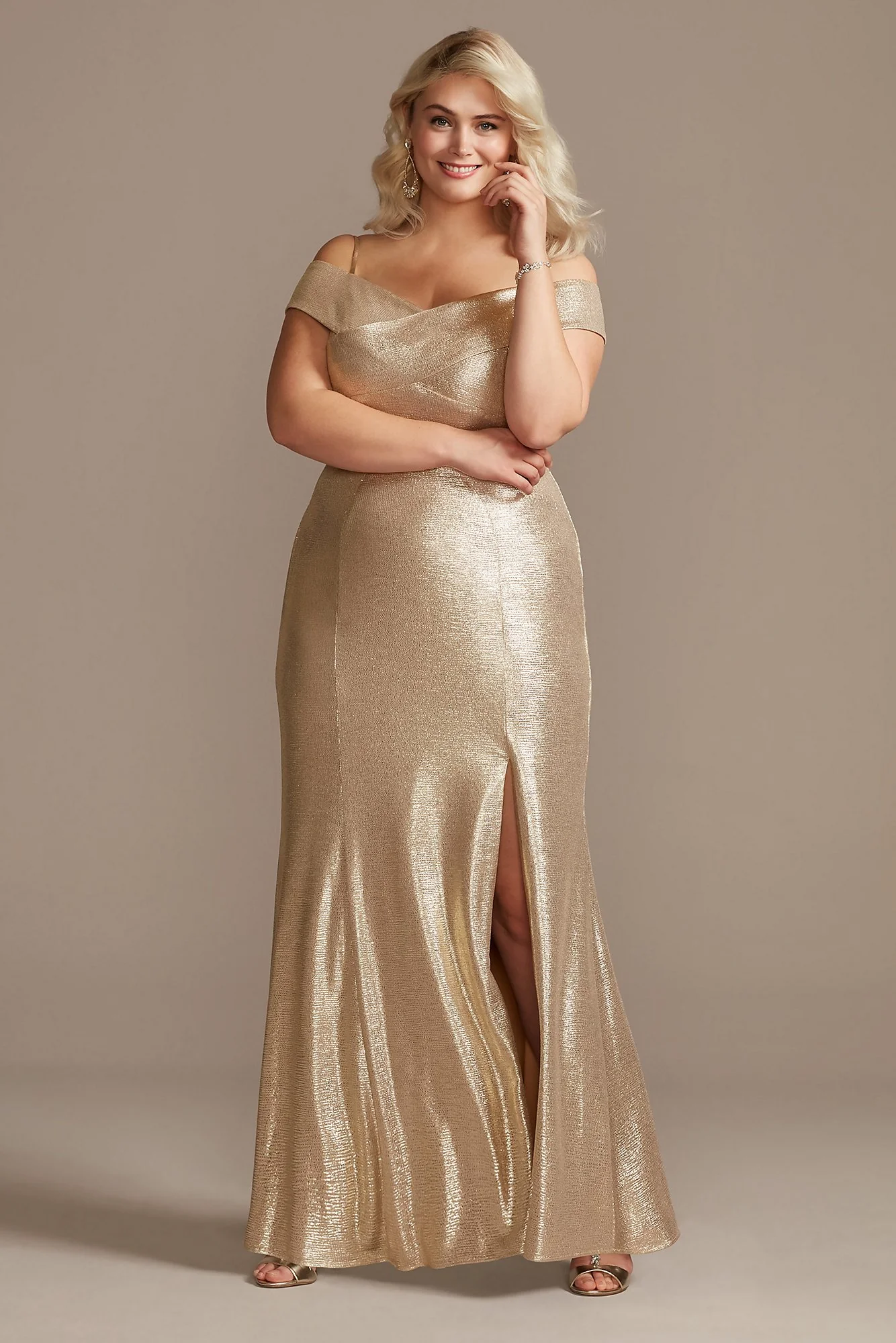 Metallic Off-the-Shoulder Seamed Gown with Slit - Image 2