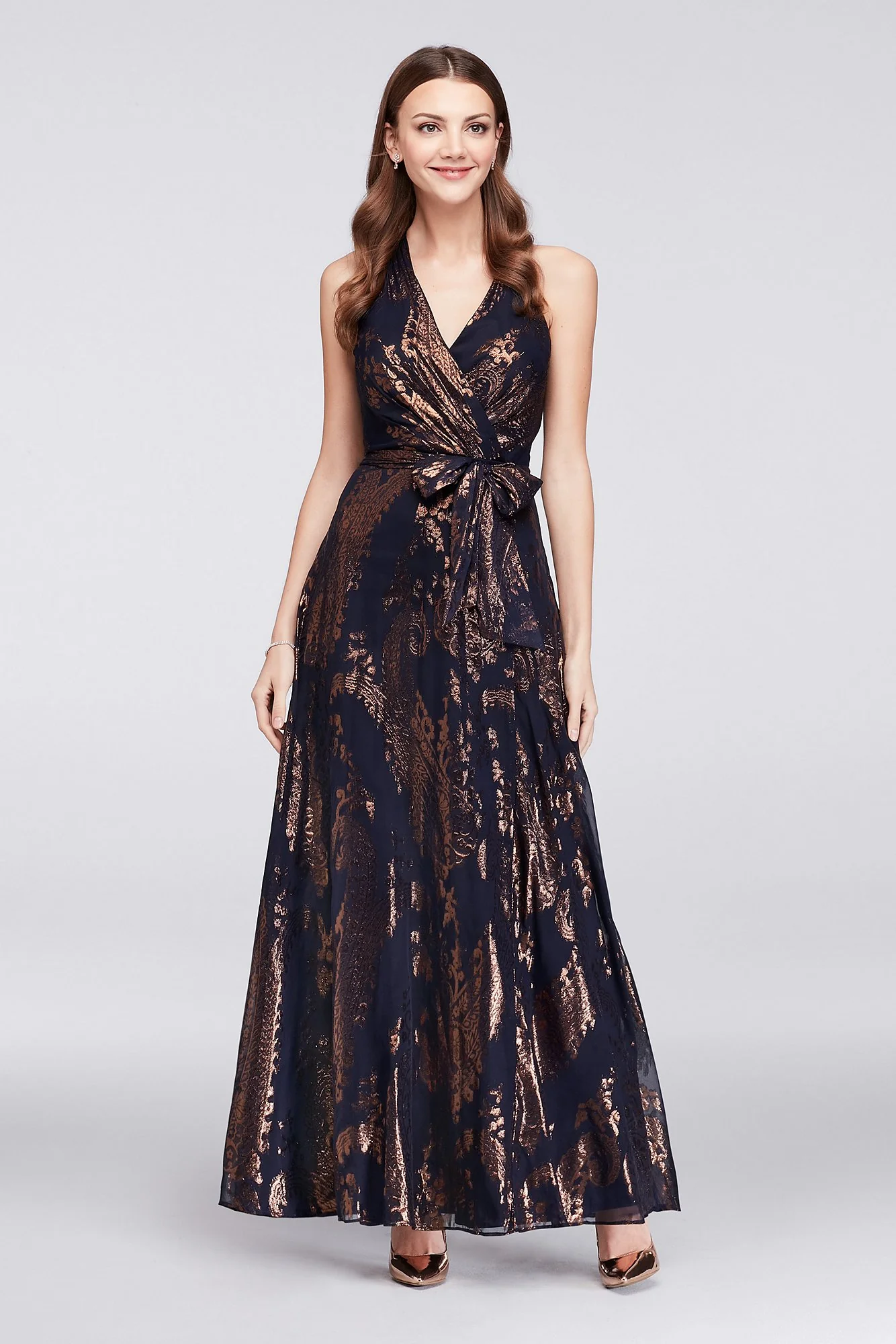 Metallic Paisley Faux-Wrap Halter Gown