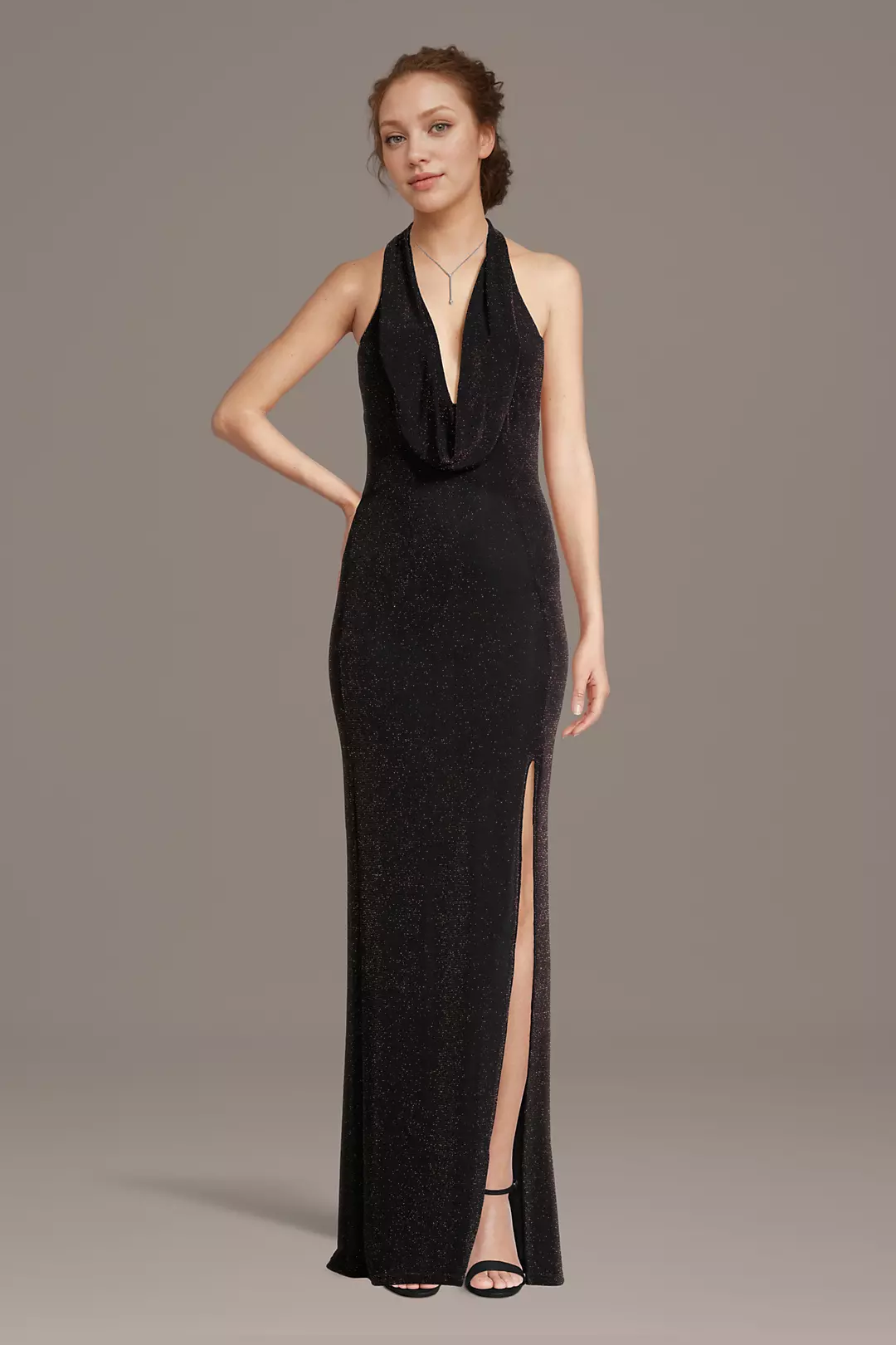 Metallic Plunge Neckline Halter Sheath Dress - Image 3