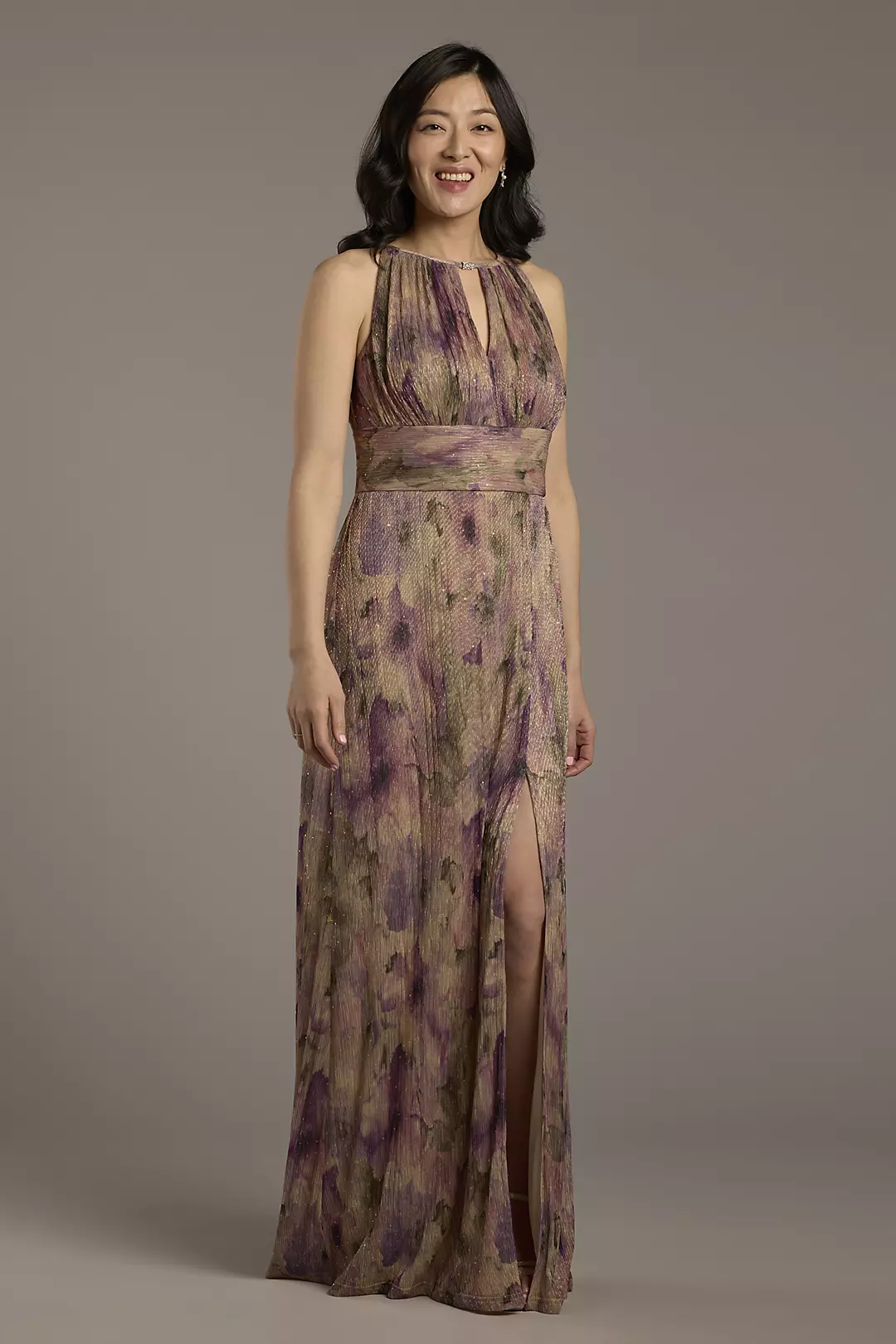 Metallic Print High Neck Sheath Dress with Keyhole - Image 2