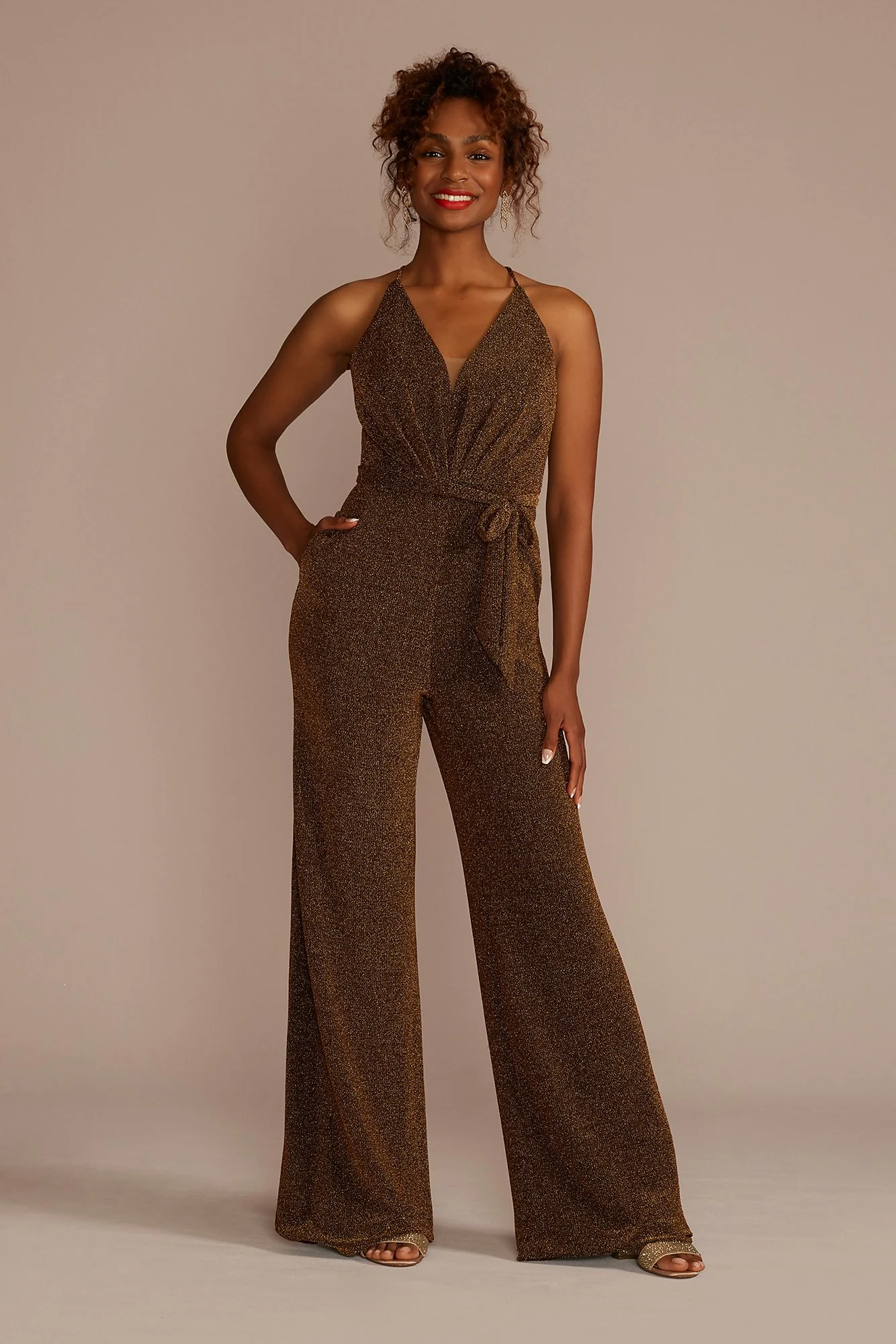 Metallic Tie-Waist Jumpsuit with Crisscross Back