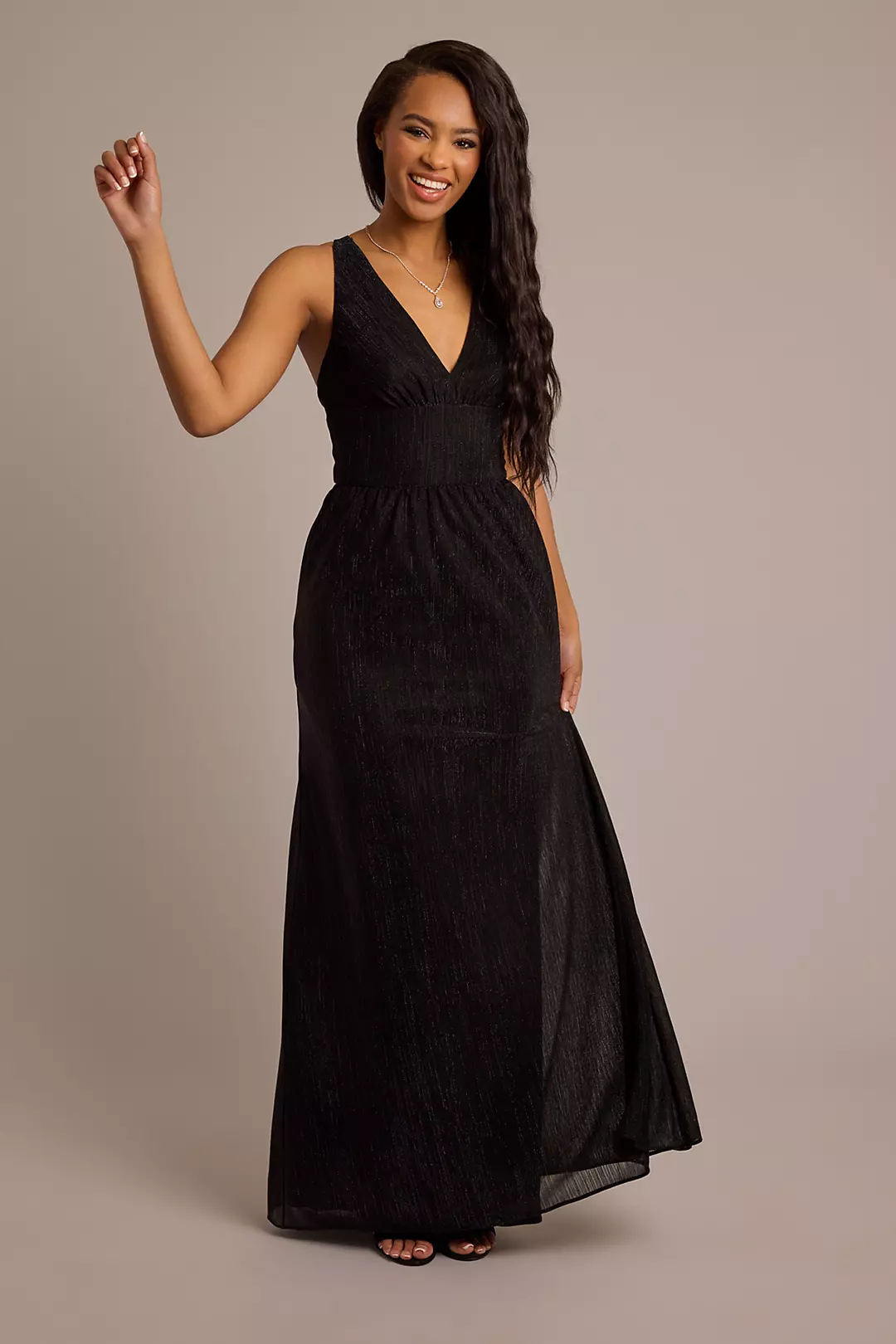 Metallic V-Neck Pleated A-Line Dress