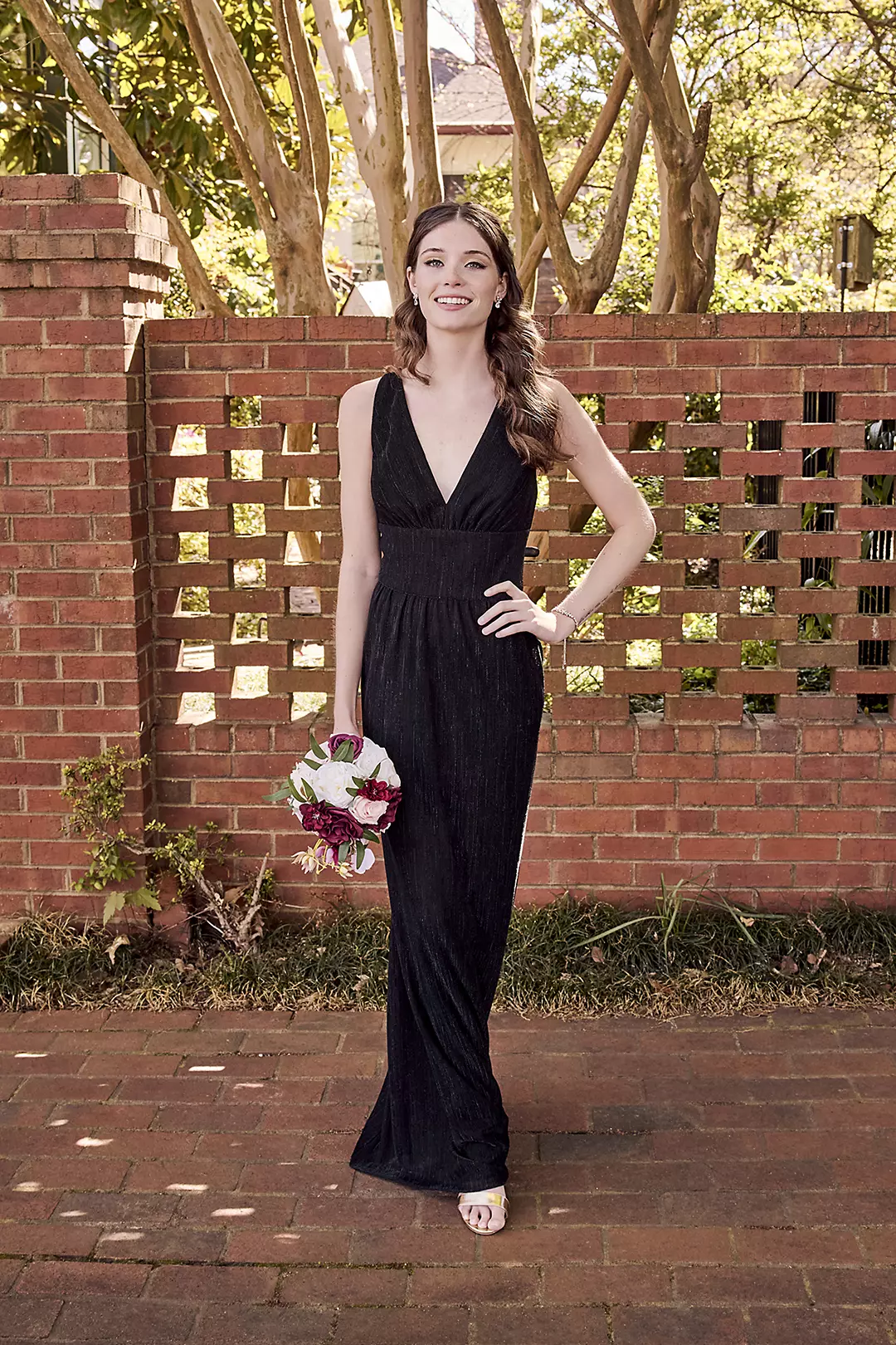 Metallic V-Neck Pleated A-Line Dress - Image 8
