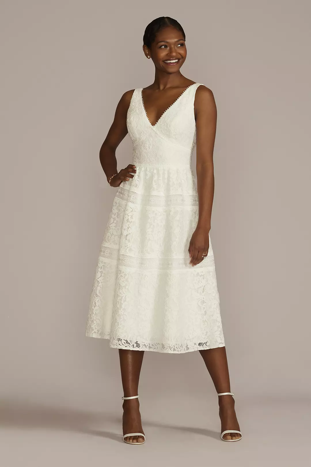 Midi-Length Lace V-Neck Dress with Banded Trim - Image 3